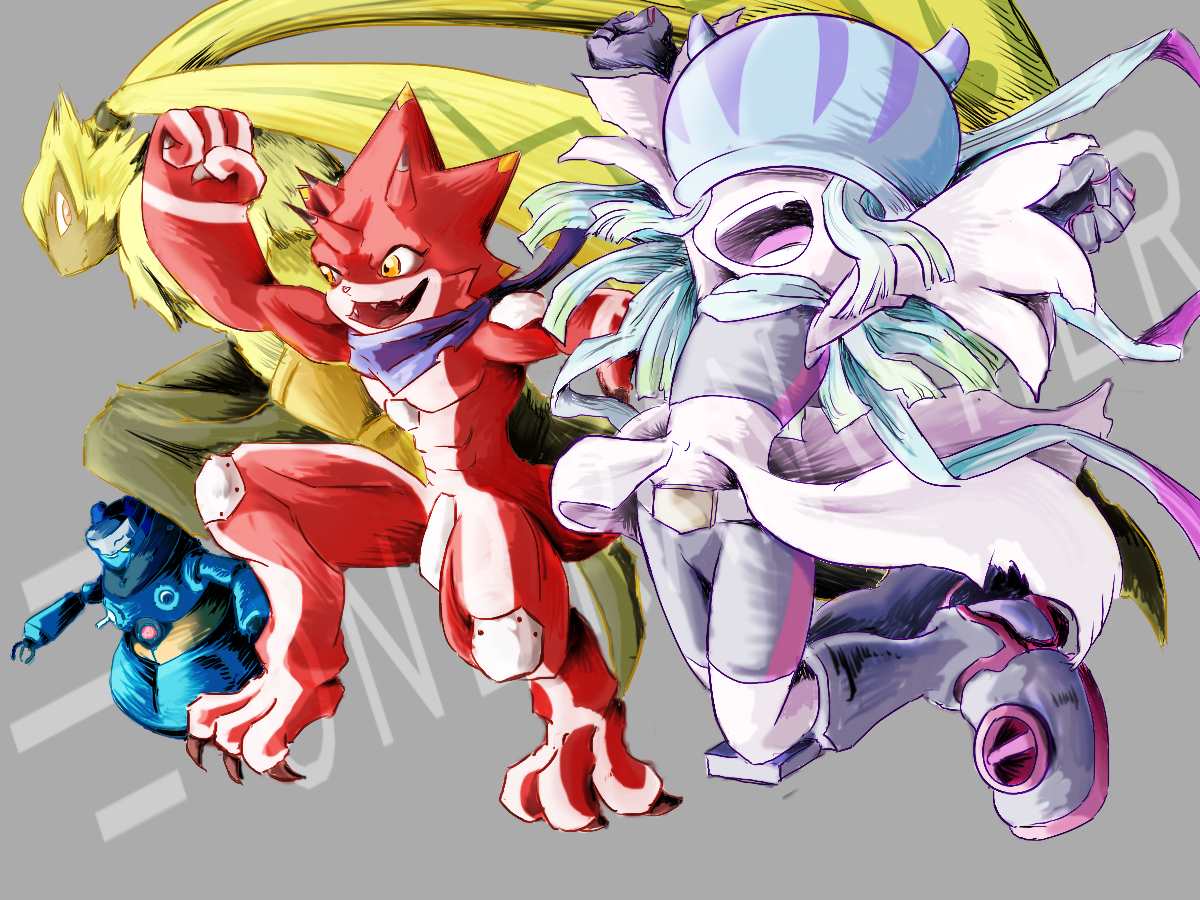 betelgammamon, hoverespimon, symbareangoramon, teslajellymon, digimon, digimon (creature), ionbrancher, jellyfish girl, monster girl, tentacle hair, tentacles