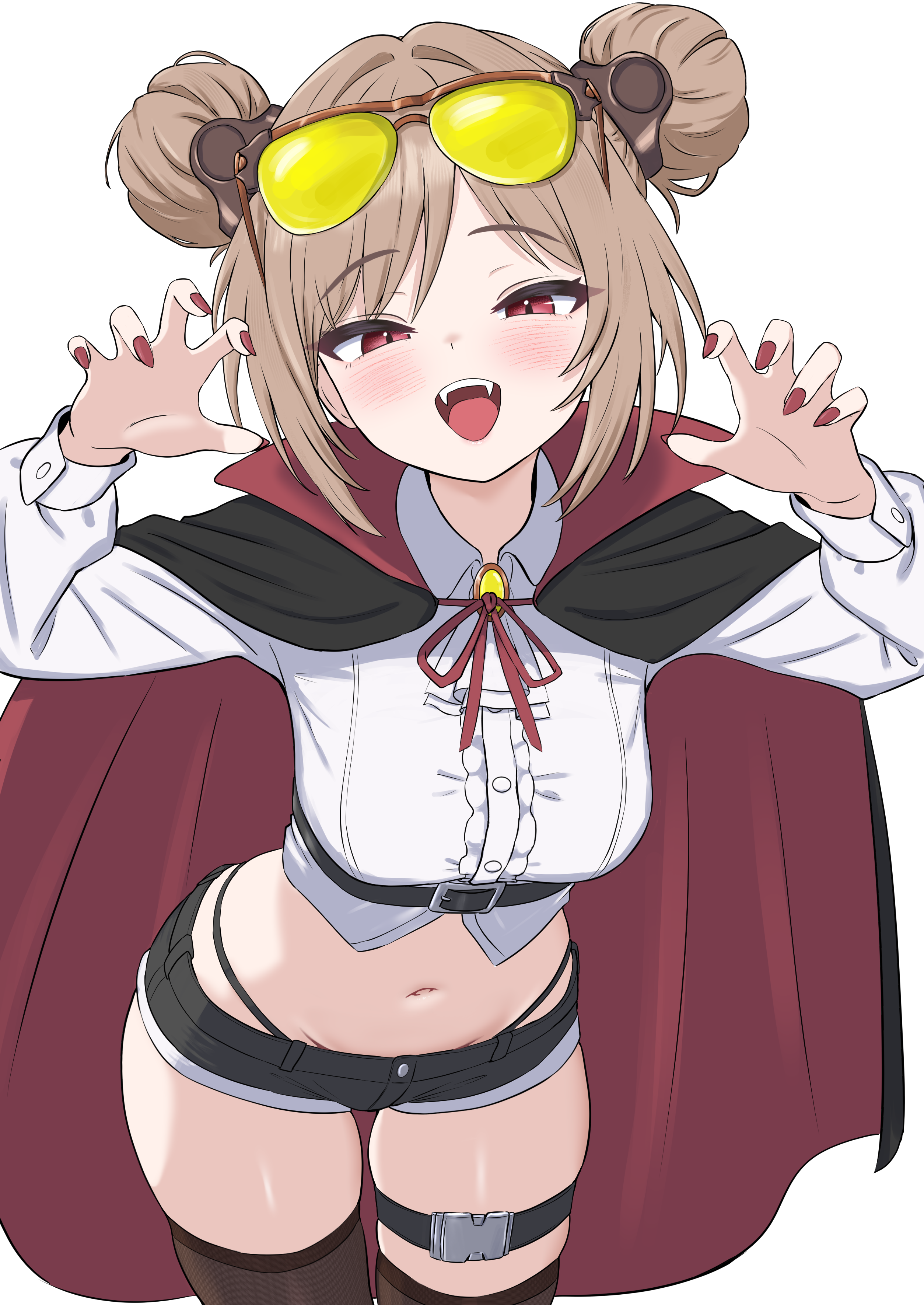 oldsickkim, p90 (girls' frontline), girls' frontline, absurdres, commentary request, commission, highres, pixiv commission, 1girl, alternate costume, arms up, ascot, belt, belt buckle, black cape, black shorts, black thighhighs, blush, breasts, brown hair, buckle, cape, center frills, claw pose, crop top, cropped shirt, double bun, eyewear on head, fangs, fingernails, frills, gao, gem, hair bun, halloween costume, highleg, highleg panties, jewelry, leaning forward, long sleeves, looking at viewer, medium breasts, midriff, nail polish, navel, open mouth, panties, panty straps, pendant, popped collar, puffy long sleeves, puffy sleeves, red cape, red eyes, red nails, shirt, short shorts, shorts, skindentation, smile, solo, stomach, thick thighs, thigh belt, thigh strap, thighhighs, thighs, tinted eyewear, transparent background, two-sided cape, two-sided fabric, underwear, vampire costume, white ascot, white shirt, yellow-tinted eyewear, yellow gemstone