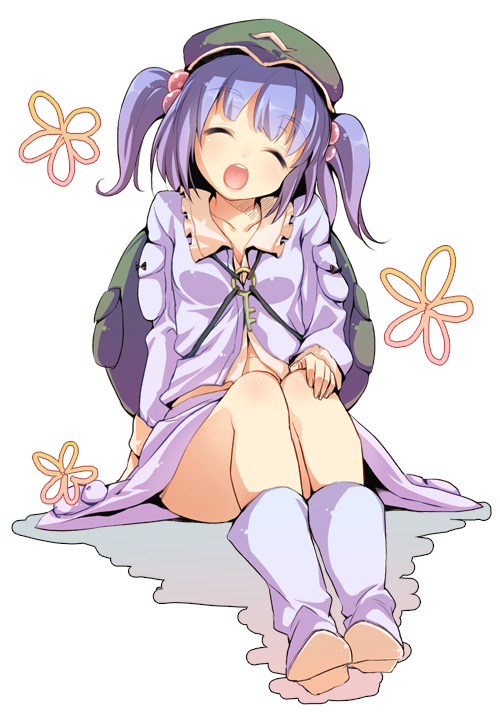 buriki, kawashiro nitori, touhou, bad id, bad pixiv id, 1girl, backpack, bag, blue hair, boots, closed eyes, female focus, hair bobbles, hair ornament, hat, head tilt, key, midriff, navel, open mouth, sitting, solo, twintails, two side up