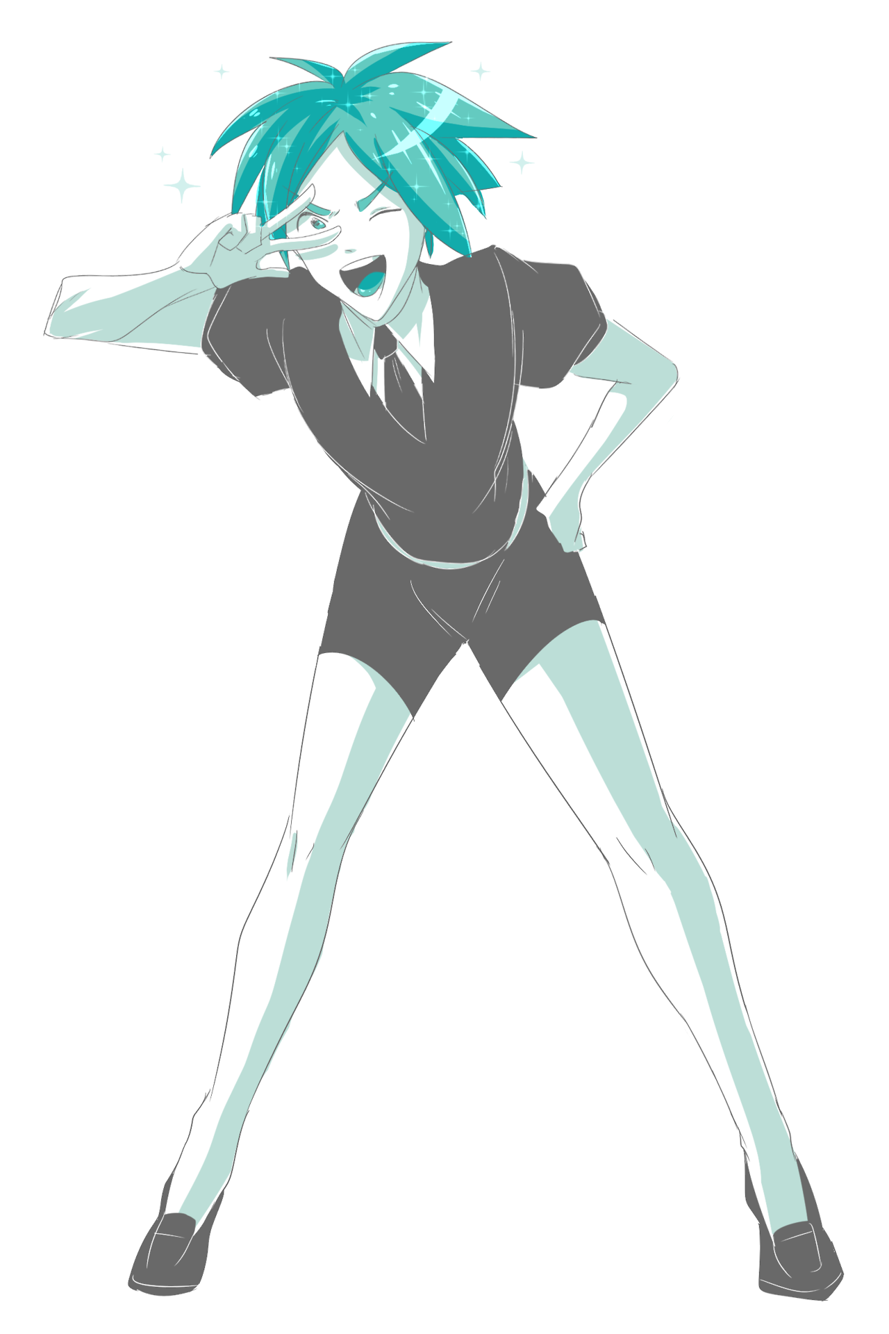 hiffuu, phosphophyllite, houseki no kuni, highres, 1other, black shorts, colored skin, full body, hand on own hip, open mouth, short sleeves, shorts, simple background, sparkle, v, v over eye, white background, white skin