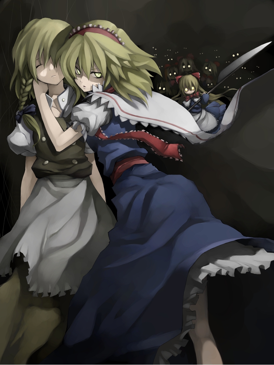 morino hon, alice margatroid, kirisame marisa, shanghai doll, touhou, highres, 2girls, blonde hair, braid, closed eyes, crazy eyes, dark, doll, female focus, hair ribbon, hairband, multiple girls, ribbon, unconscious, yandere, yellow eyes, you gonna get raped, yuri