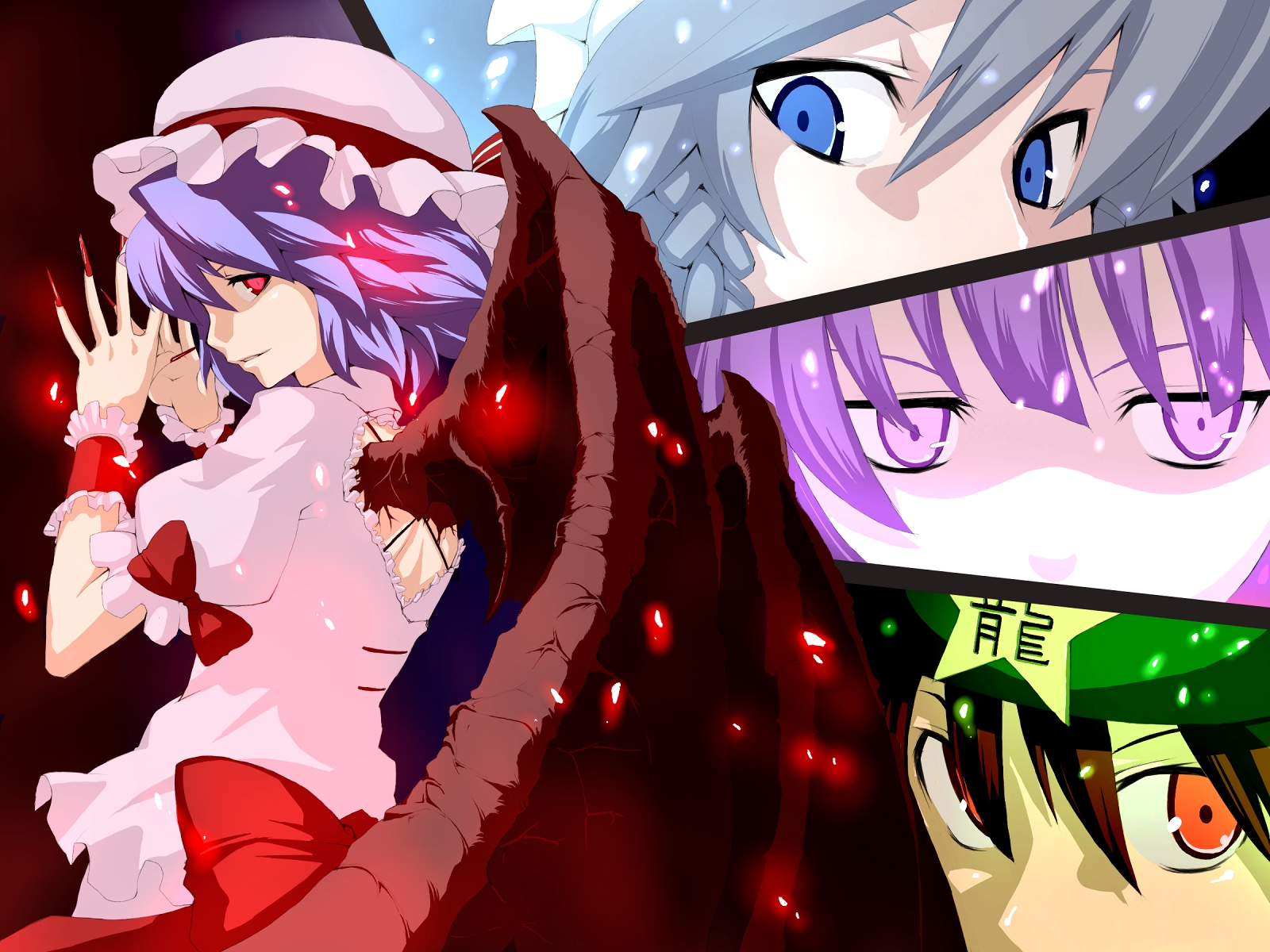 morino hon, hong meiling, izayoi sakuya, patchouli knowledge, remilia scarlet, embodiment of scarlet devil, touhou, highres, 4girls, bat wings, blouse, blue hair, braid, cowboy shot, female focus, fingernails, frilled shirt, frills, frown, glowing, hair between eyes, half-closed eyes, hat, long fingernails, mob cap, multiple girls, pink shirt, red eyes, ribbon, shirt, short hair, single braid, sparks, vampire, wings