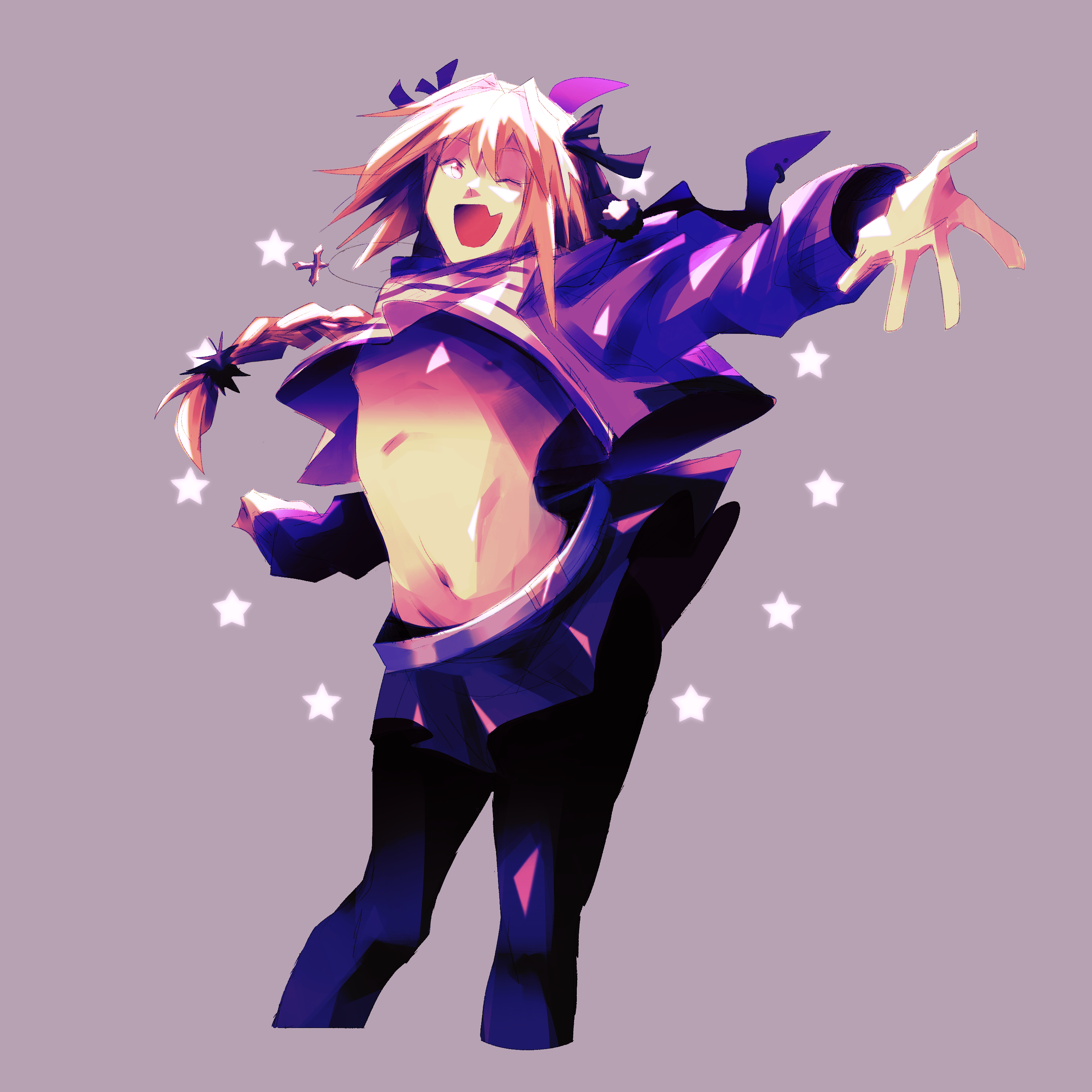 hiffuu, astolfo (fate), astolfo (memories at trifas) (fate), fate/apocrypha, fate (series), absurdres, highres, 1boy, androgynous, black bow, black pantyhose, bow, braid, crop top, fang, hair intakes, jacket, long braid, male focus, miniskirt, navel, official alternate costume, one eye closed, open mouth, pantyhose, pink hair, purple background, purple eyes, purple jacket, shirt, simple background, single braid, skin fang, skirt, smile, striped clothes, striped shirt