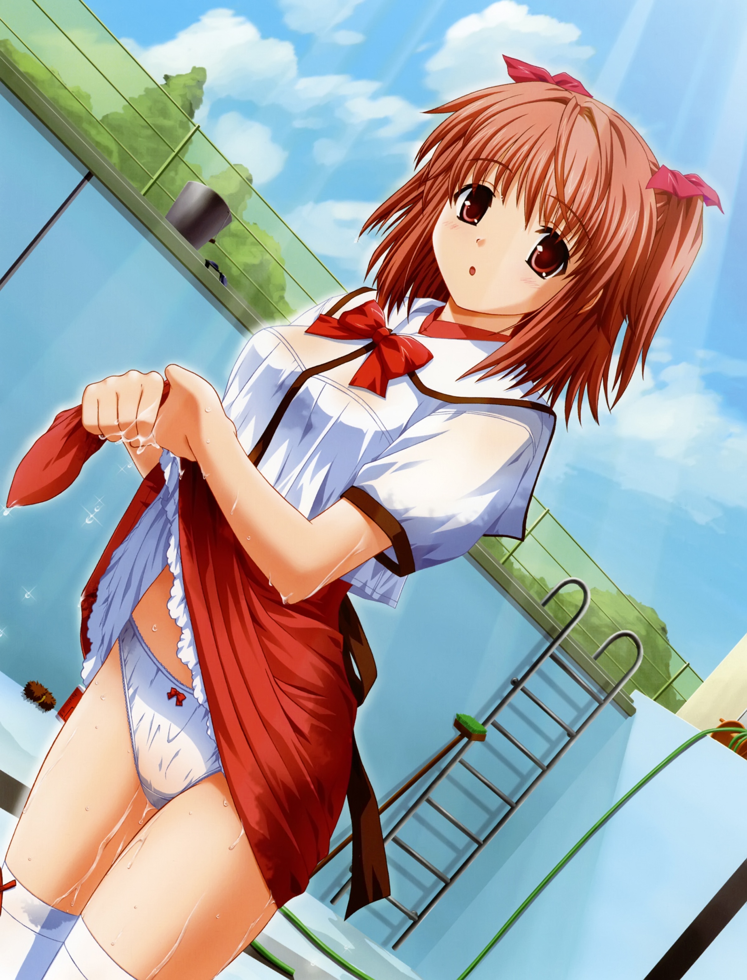 nekonyan, makino konoha, raspberry (game), absurdres, game cg, highres, 1girl, blush, breasts, brown eyes, brown hair, clothes lift, cloud, day, female focus, food, fruit, hair ribbon, medium breasts, panties, raspberry, ribbon, short hair, skirt, skirt lift, sky, solo, thighhighs, underwear, wet, wet clothes
