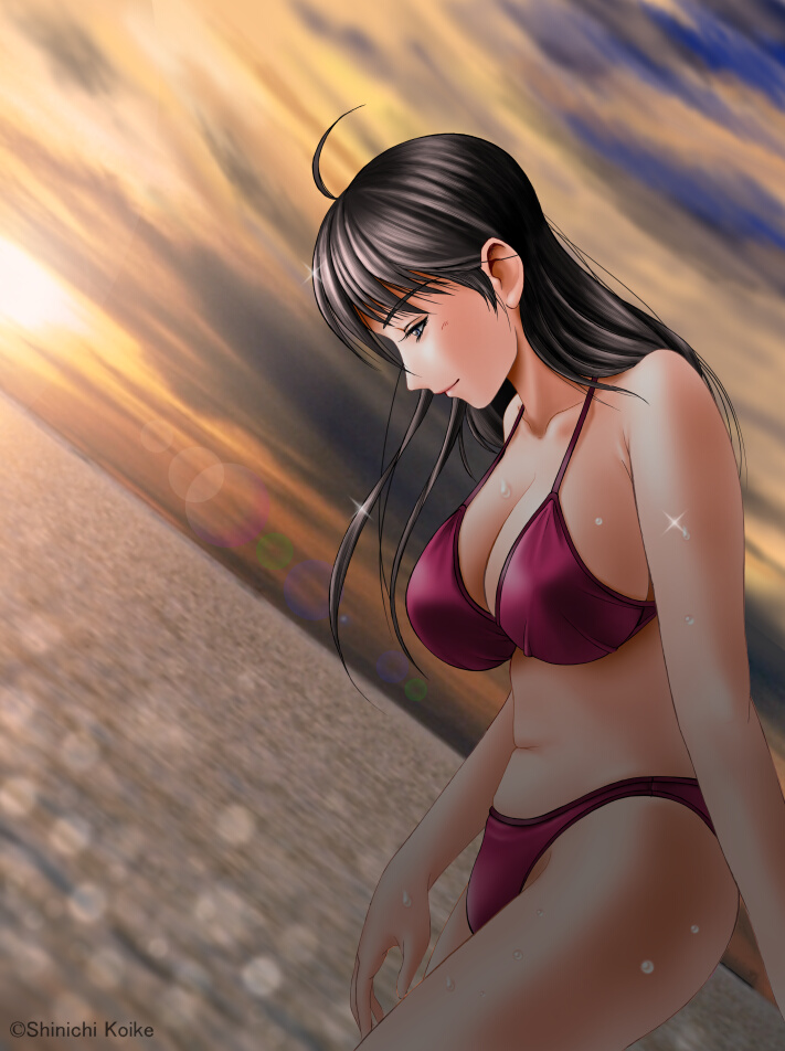 koike shin'ichi, koike shinichi, original, 1girl, artist name, beach, bikini, black hair, dutch angle, female focus, green eyes, red bikini, signature, solo, swimsuit, wet