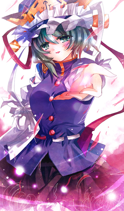 aquamarine, shiki eiki, touhou, 1girl, beckoning, blue eyes, female focus, flower, green hair, petals, red flower, short hair, solo, spider lily, standing, white background