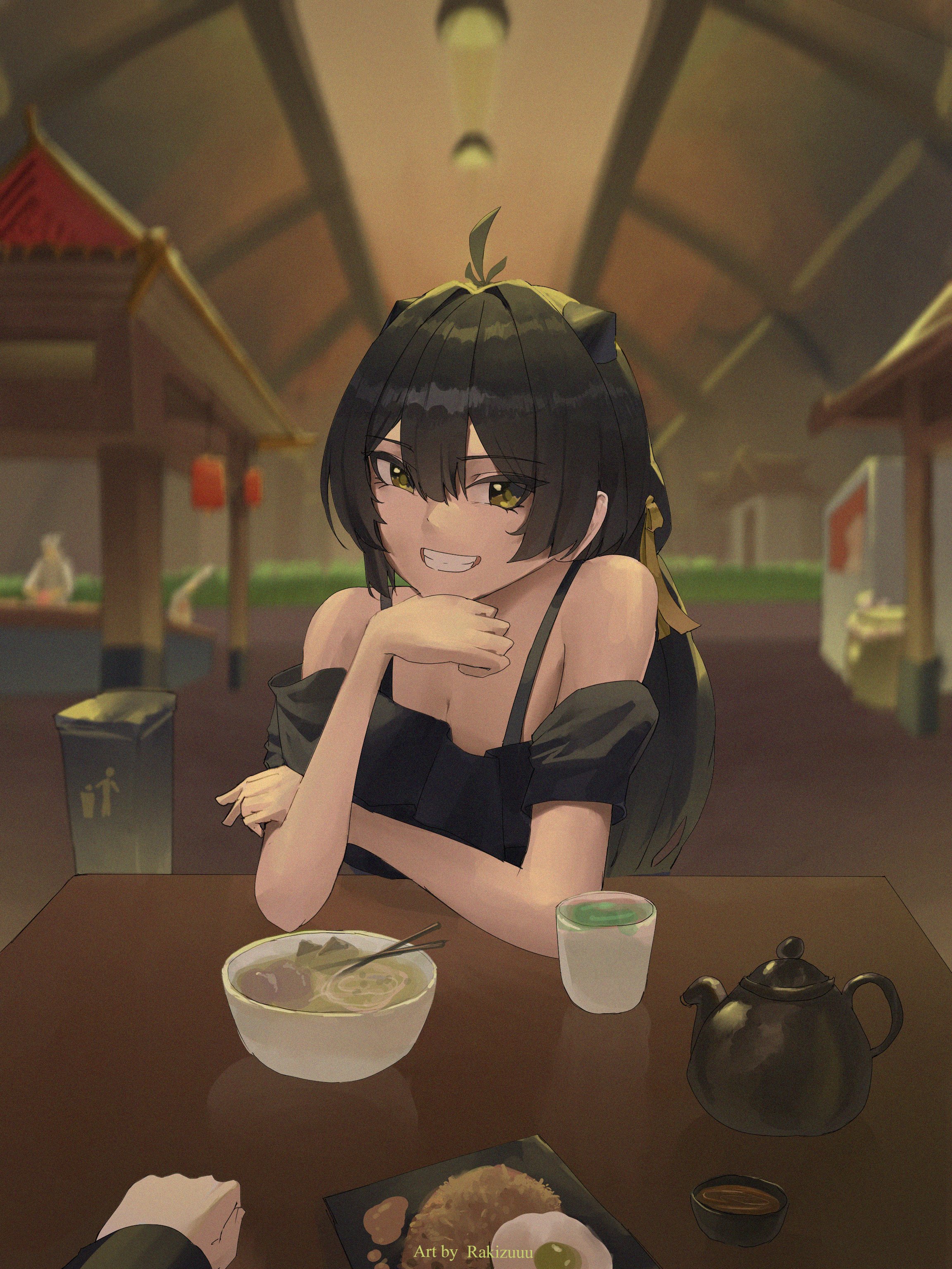 rakizuuu, female rover (wuthering waves), rover (wuthering waves), wuthering waves, absurdres, commentary, highres, 1girl, 1other, ahoge, alternate costume, artist name, bare shoulders, black hair, blurry, blurry background, bowl, cup, food, grin, hair ribbon, indoors, long hair, looking at viewer, ribbon, smile, teapot, yellow eyes, yellow ribbon
