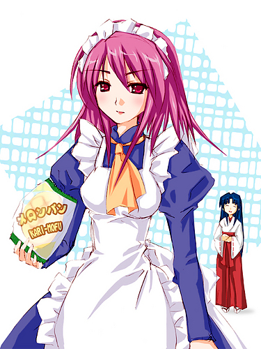 piku, wilhelmina carmel, shakugan no shana, lowres, non-web source, 00s, 2girls, bag, bread, food, hakama, hakama skirt, japanese clothes, maid, melon bread, miko, multiple girls, pink eyes, pink hair, red hakama, short hair, skirt