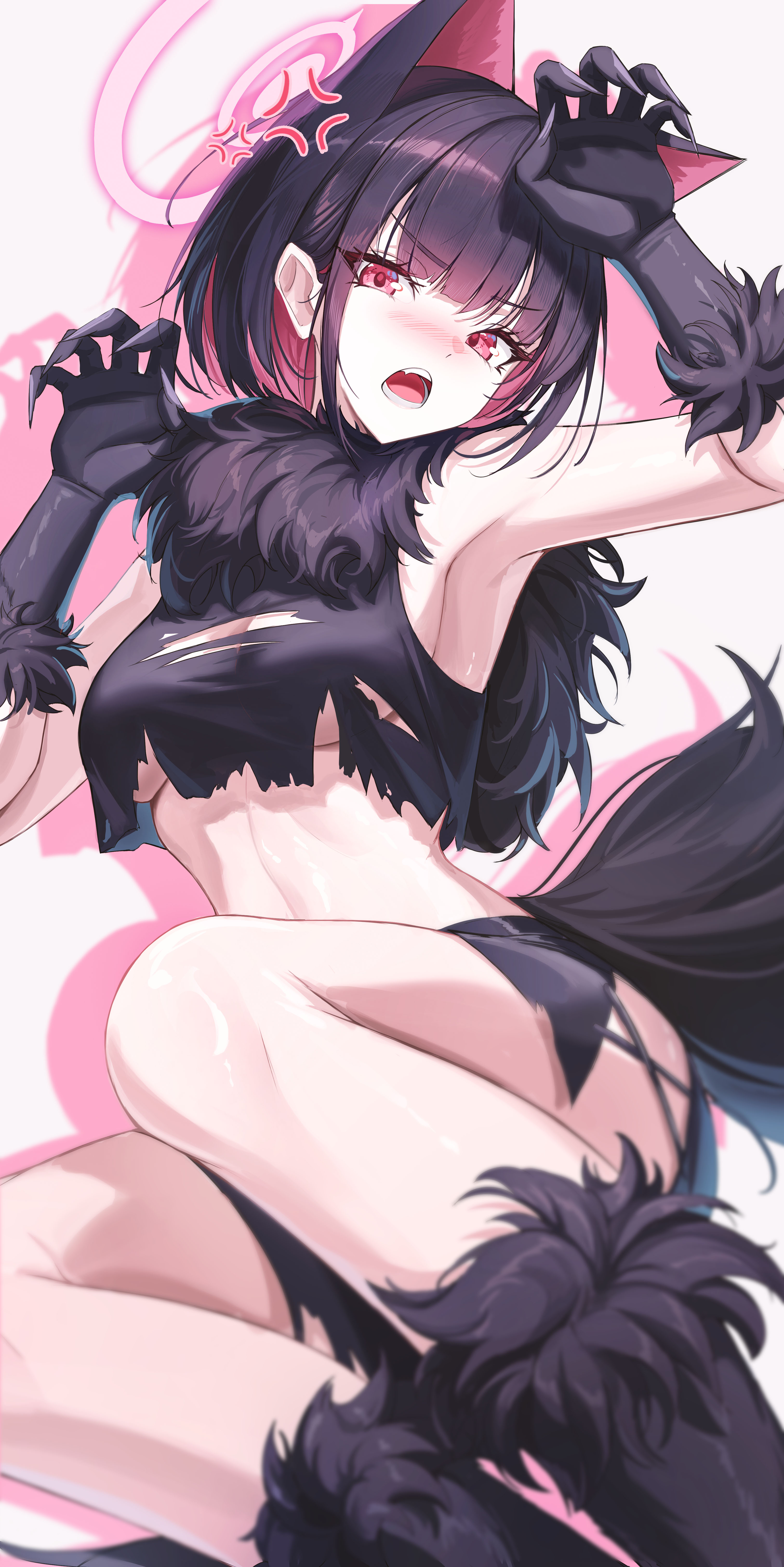 k0a, kazusa (blue archive), kazusa (halloween) (blue archive), blue archive, absurdres, commentary request, highres, 1girl, animal ears, bare shoulders, black claws, black gloves, black hair, black shirt, black skirt, black tail, blush, breasts, cat ears, colored inner animal ears, colored inner hair, elbow gloves, extra ears, fake claws, fur-trimmed gloves, fur-trimmed socks, fur scarf, fur sleeves, fur trim, gloves, halloween costume, halo, looking at viewer, medium breasts, multicolored hair, nose blush, open mouth, pink eyes, pink hair, pink halo, shirt, short hair, simple background, skirt, solo, torn clothes, torn skirt, underboob, werewolf costume, white background