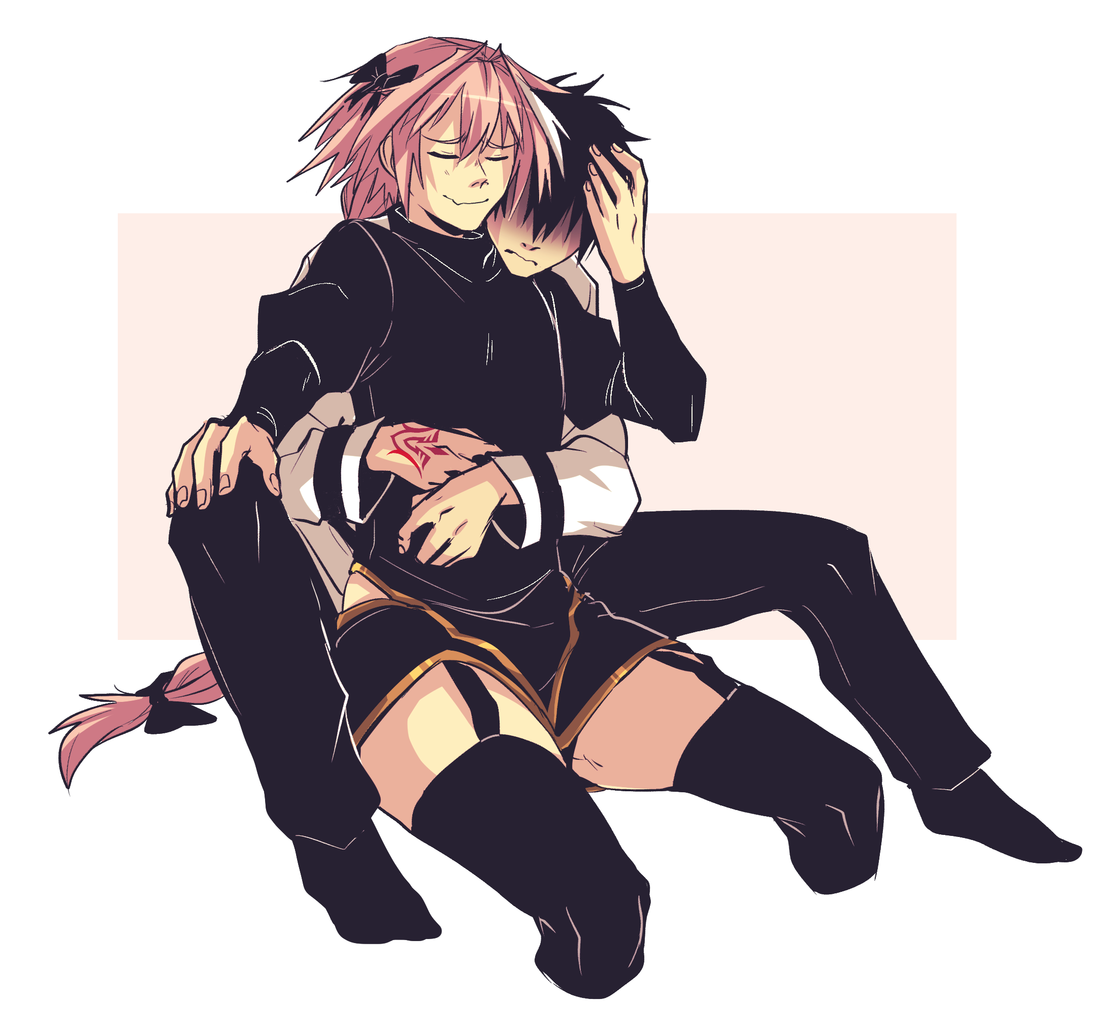 hiffuu, astolfo (fate), fujimaru ritsuka (male), fate/grand order, fate (series), highres, 2boys, androgynous, black garter straps, black hair, black sweater, black thighhighs, bow, closed eyes, command spell, cropped legs, garter straps, gold trim, hair bow, hair over eyes, hug, jacket, long braid, male focus, multicolored hair, multiple boys, pink hair, short hair, sitting, streaked hair, sweater, thighhighs, white hair, white jacket, yaoi