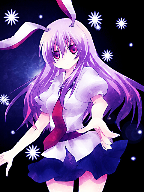 ichi (artist), ichi (bji), reisen udongein inaba, touhou, 1girl, animal ears, black background, female focus, necktie, purple eyes, purple hair, rabbit ears, solo, standing
