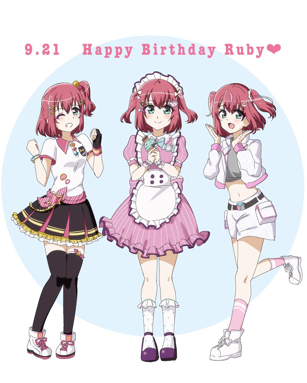 kurosawa ruby, love live!, love live! sunshine!!, commentary request, costume request, highres, 1girl, :d, ;d, ai scream! (love live!), aqua eyes, arihi, blue background, braveheart coaster, character name, closed mouth, dated, dress, frilled dress, frills, grin, happy birthday, heart, leg up, looking at viewer, maid, midriff, multiple views, official alternate costume, one eye closed, open mouth, own hands together, pink dress, pink socks, polka dot, polka dot socks, puffy short sleeves, puffy sleeves, purple shoes, red hair, shoes, short dress, short sleeves, simple background, smile, sneakers, socks, spoken heart, standing, standing on one leg, white shoes, white socks