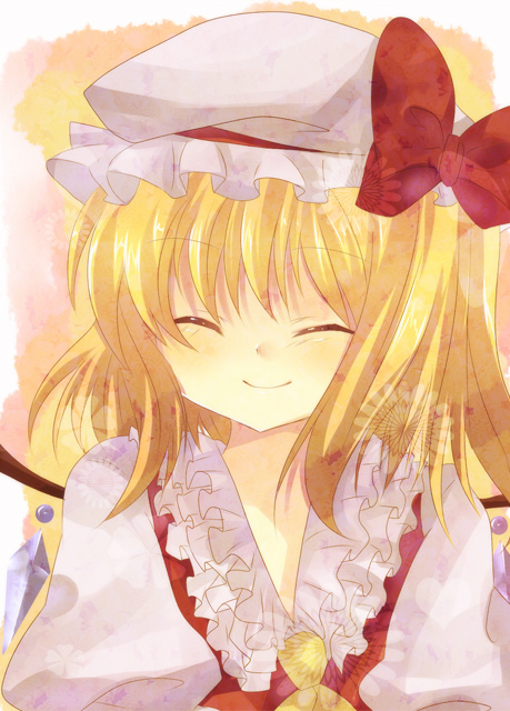ichi (artist), ichi (bji), flandre scarlet, touhou, 1girl, blonde hair, closed eyes, female focus, hat, mob cap, short hair, solo, upper body, white hat, wings