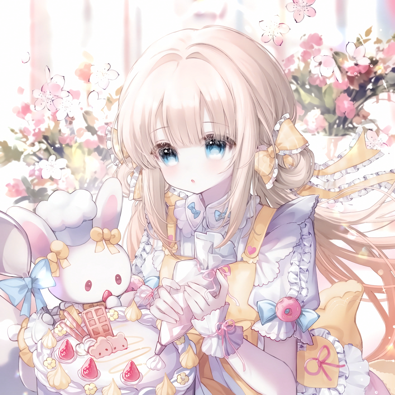 camao, original, highres, large variant set, variant set, 1girl, apron, blue bow, blue eyes, blush, bow, cake, dress, flower, food, frills, fruit, hair bow, holding, long hair, pink flower, ribbon, short sleeves, solo, strawberry, stuffed animal, stuffed rabbit, stuffed toy, upper body, wrist cuffs, yellow bow, yellow dress