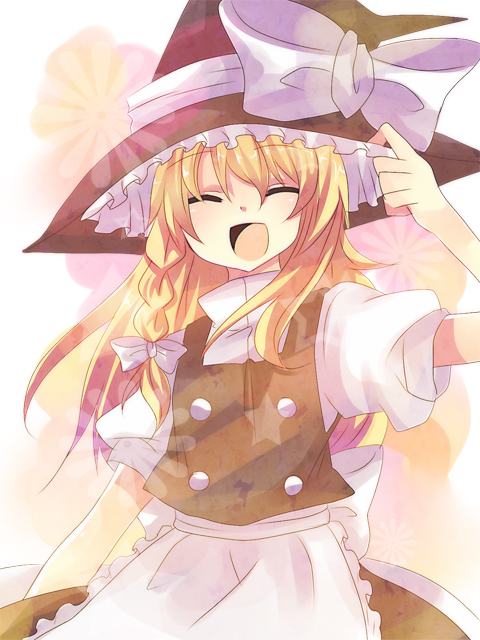 ichi (artist), ichi (bji), kirisame marisa, touhou, 1girl, blonde hair, braid, closed eyes, female focus, hair ribbon, hand on headwear, happy, hat, ribbon, solo, witch, witch hat