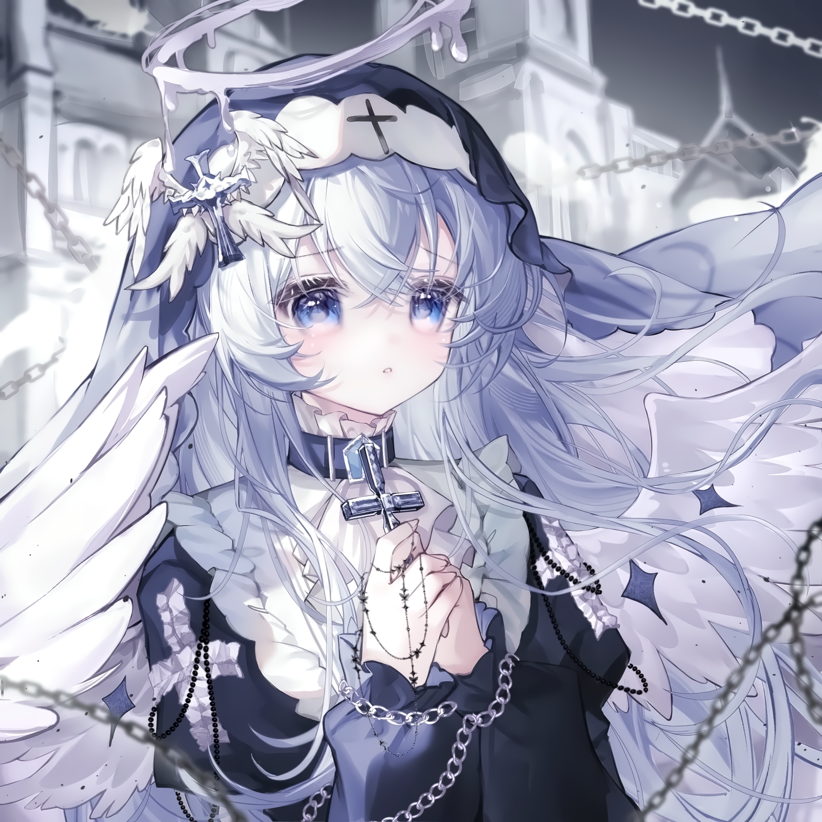 camao, original, highres, large variant set, variant set, 1girl, angel wings, black dress, blue eyes, blurry, blush, chain, collar, cross, dress, feathered wings, hair between eyes, halo, juliet sleeves, latin cross, long hair, long sleeves, nun, own hands together, parted lips, puffy sleeves, solo, upper body, veil, white hair, white wings, wings