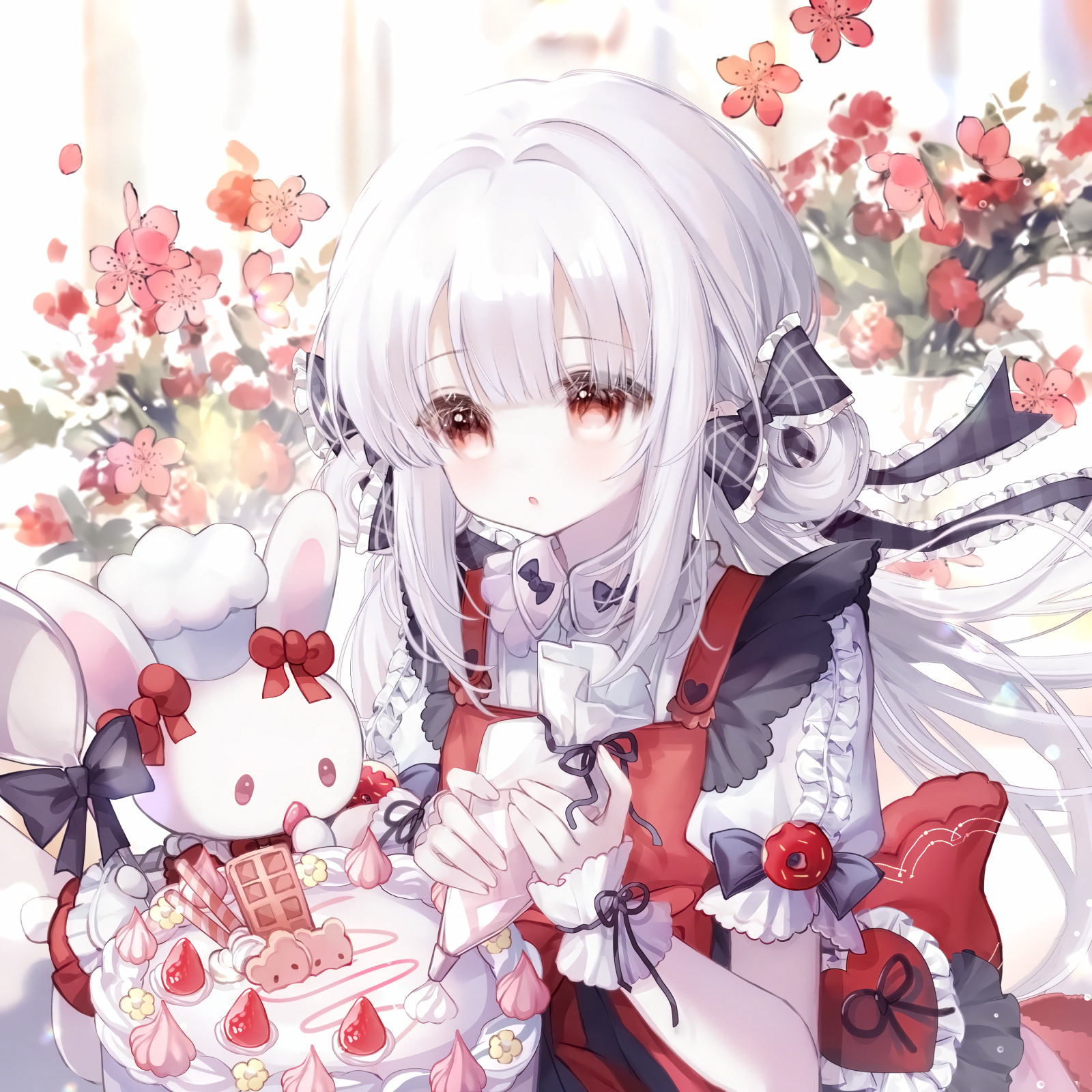 camao, original, highres, large variant set, variant set, 1girl, black bow, blush, bow, cake, dress, flower, food, frills, fruit, hair bow, holding, long hair, parted lips, puffy short sleeves, puffy sleeves, red bow, red dress, red eyes, red flower, shirt, short sleeves, solo, strawberry, stuffed animal, stuffed rabbit, stuffed toy, upper body, very long hair, white hair, white shirt, wrist cuffs