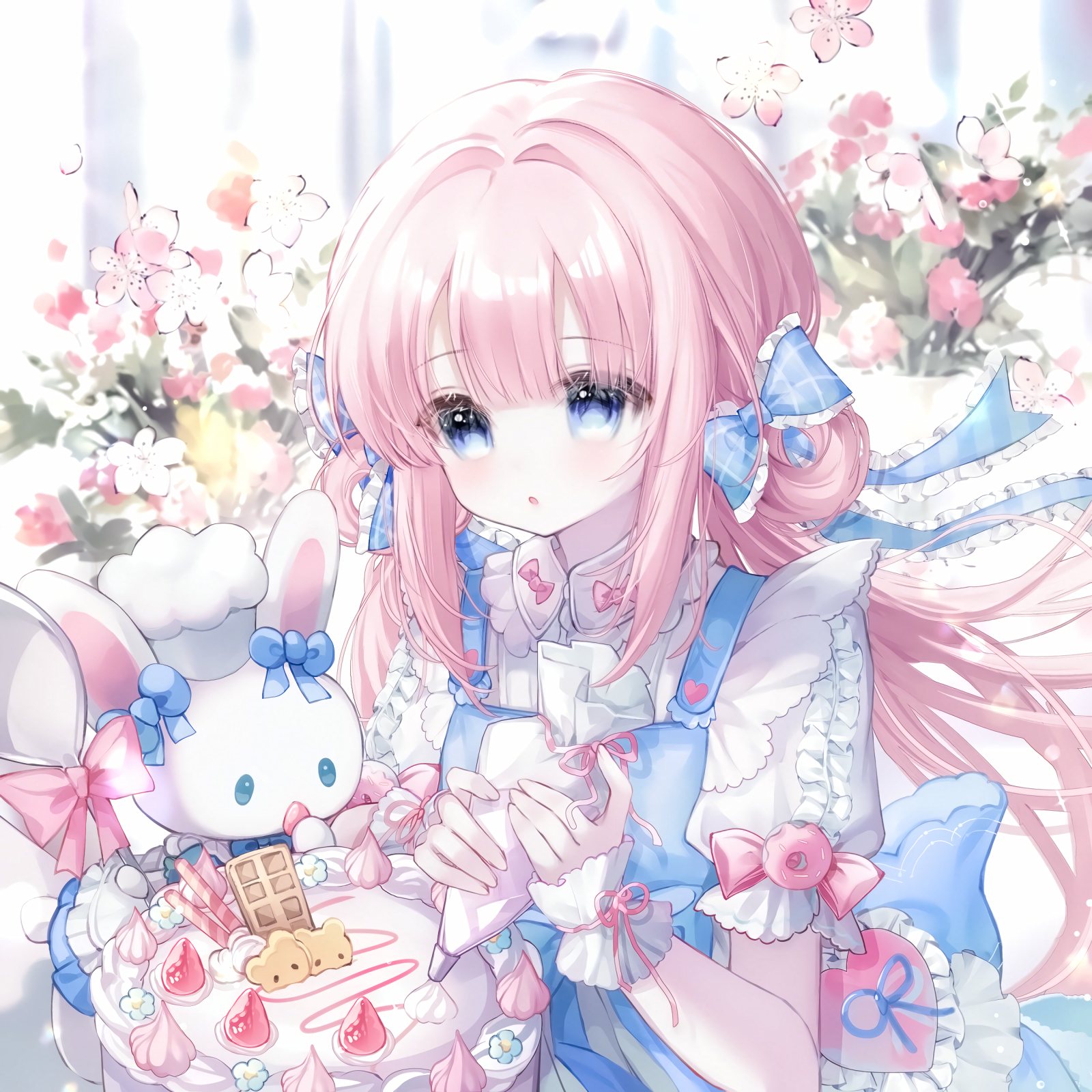 camao, original, highres, large variant set, variant set, 1girl, blue bow, blue dress, blue eyes, blush, bow, cake, dress, flower, food, frills, fruit, hair bow, hair rings, holding, long hair, parted lips, pink bow, pink flower, pink hair, puffy short sleeves, puffy sleeves, rabbit, shirt, short sleeves, solo, strawberry, stuffed animal, stuffed rabbit, stuffed toy, upper body, white shirt, wrist cuffs