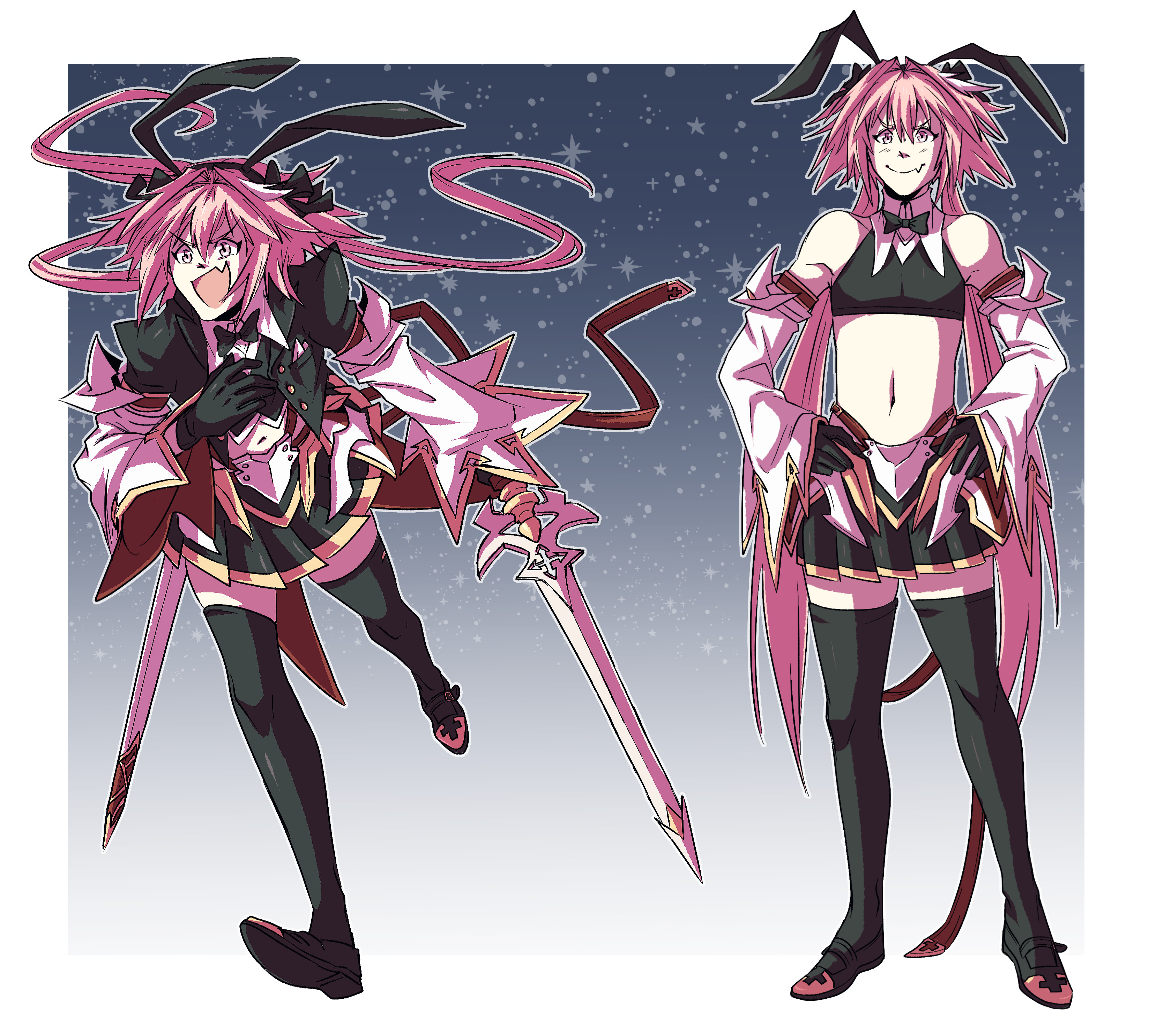 hiffuu, astolfo (fate), astolfo (saber) (fate), astolfo (saber) (first ascension) (fate), astolfo (saber) (second ascension) (fate), fate/grand order, fate (series), absurdres, highres, 1boy, androgynous, animal ears, armored skirt, bare shoulders, black bow, black bowtie, black gloves, bow, bowtie, crop top, detached sleeves, fake animal ears, fang, full body, gloves, hands on own hips, holding, holding sword, holding weapon, long hair, male focus, multicolored hair, navel, pink eyes, pink hair, pleated skirt, rabbit ears, red ribbon, ribbon, scabbard, sheath, skin fang, skirt, smile, standing, streaked hair, sword, thighhighs, twintails, very long hair, weapon, white hair, wide sleeves, wing collar, zettai ryouiki
