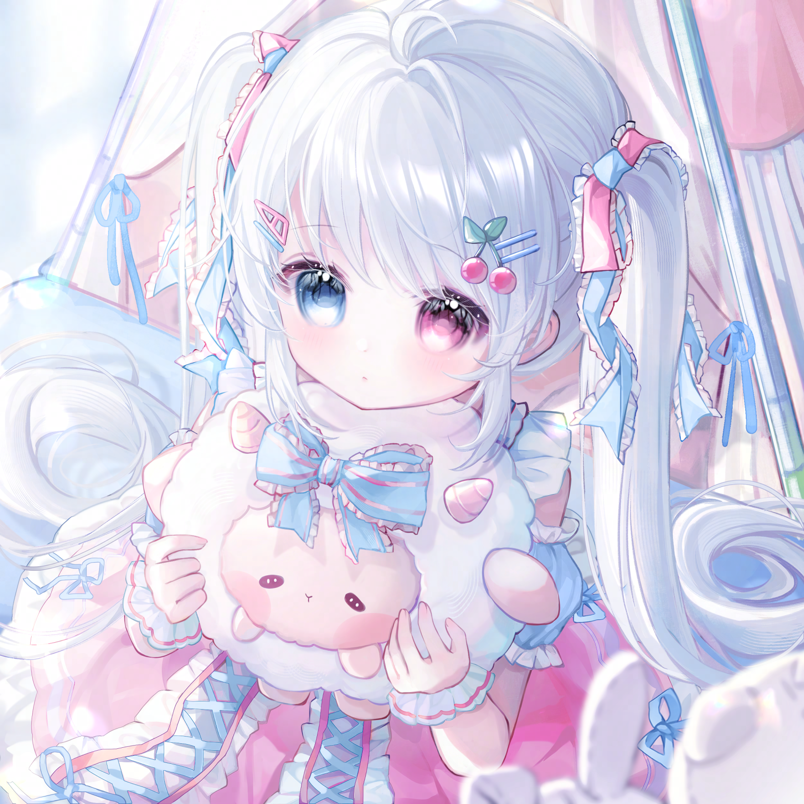 camao, original, highres, large variant set, variant set, 1girl, blue eyes, blush, bow, curtains, dress, food-themed hair ornament, frilled dress, frills, hair bow, hair ornament, hair ribbon, hairclip, heterochromia, holding, holding stuffed toy, long hair, looking at viewer, pink eyes, ribbon, solo, stuffed animal, stuffed toy, teddy bear, twintails, very long hair, white hair, wrist cuffs