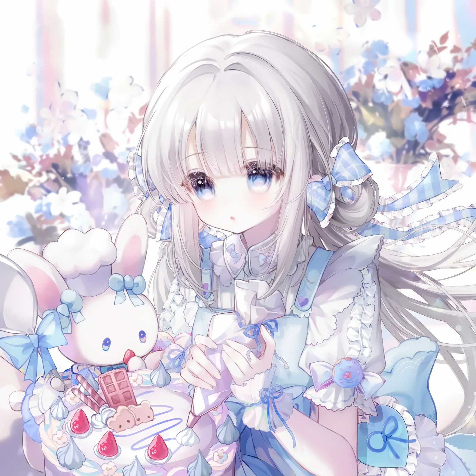 camao, original, highres, large variant set, variant set, 1girl, apron, blue apron, blue bow, blue dress, blue eyes, blush, bow, cake, dress, flower, food, frills, fruit, grey hair, hair bow, holding, long hair, pastry bag, ribbon, shirt, short sleeves, solo, strawberry, stuffed animal, stuffed rabbit, stuffed toy, upper body, white shirt, wrist cuffs