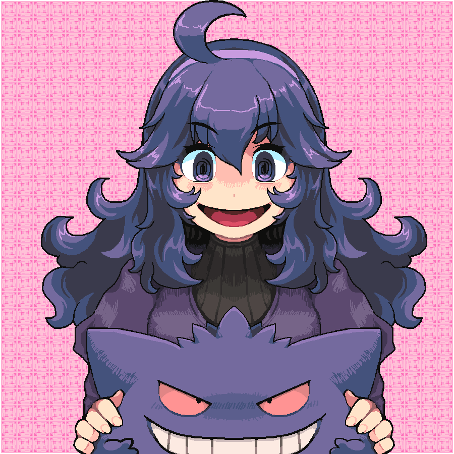 midoribox, gengar, hex maniac (pokemon), nintendo, pokemon, pokemon xy, 1girl, @ @, ahoge, bags under eyes, black hair, blush, dress, gen 1 pokemon, hair between eyes, hairband, long dress, long hair, long sleeves, looking at viewer, messy hair, open mouth, pokemon (creature), purple eyes, purple hair, purple hairband, smile