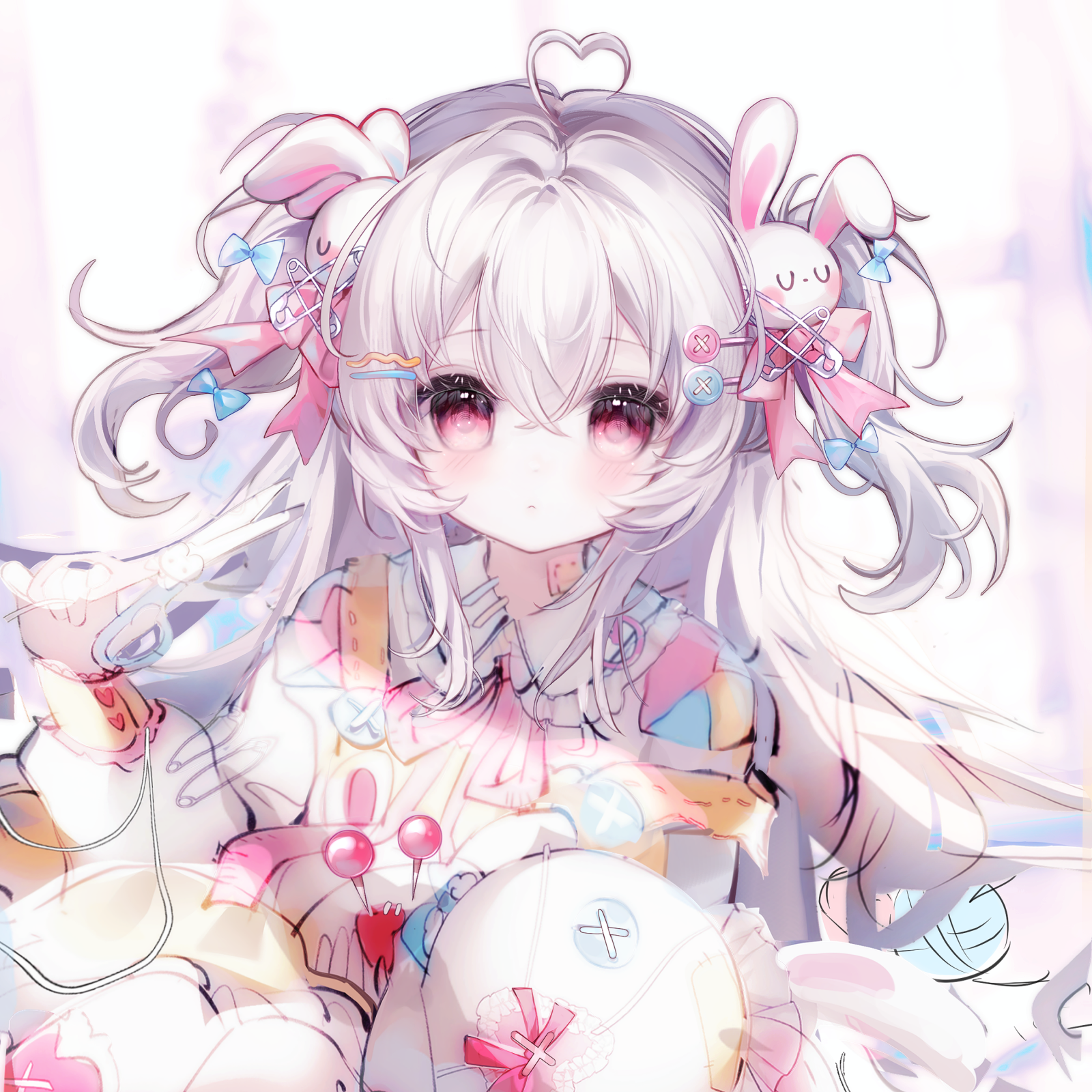 camao, original, highres, large variant set, variant set, 1girl, ahoge, blush, bow, hair between eyes, hair ornament, heart, holding, long hair, long sleeves, looking at viewer, needle, pink eyes, rabbit hair ornament, red eyes, ribbon, scissors, solo, stuffed animal, stuffed rabbit, stuffed toy, two side up, white hair