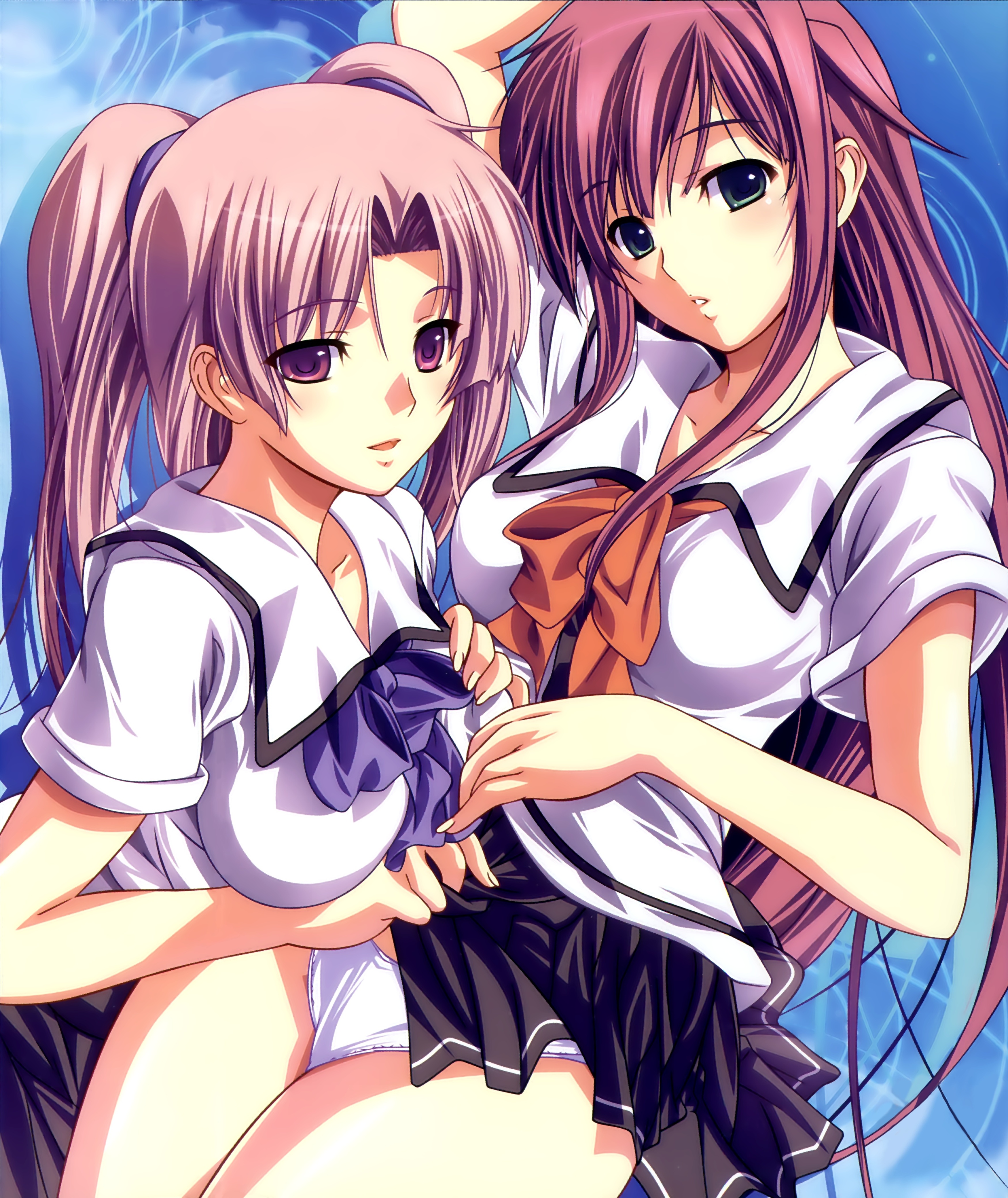 m&m, kagami touko, takasato nanase, natsu kami, natsukami, absurdres, game cg, highres, 2girls, blush, clothes lift, green eyes, miniskirt, multiple girls, panties, purple eyes, purple hair, school uniform, serafuku, skirt, skirt lift, twintails, underwear, white panties, yuri