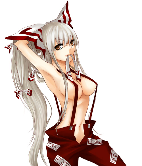 sakegawa, xxfir, fujiwara no mokou, touhou, silver hair, bad id, bad pixiv id, 1girl, breasts, female focus, long hair, ribbon, solo, topless female