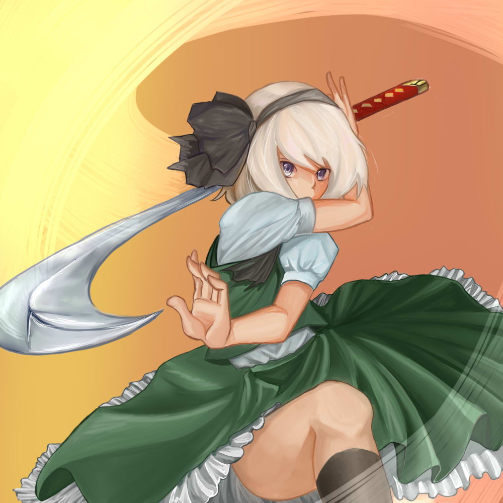 yoruko, konpaku youmu, touhou, silver hair, bad id, bad pixiv id, 1girl, female focus, gradient background, katana, ribbon, school uniform, serafuku, short hair, skirt, solo, sword, weapon
