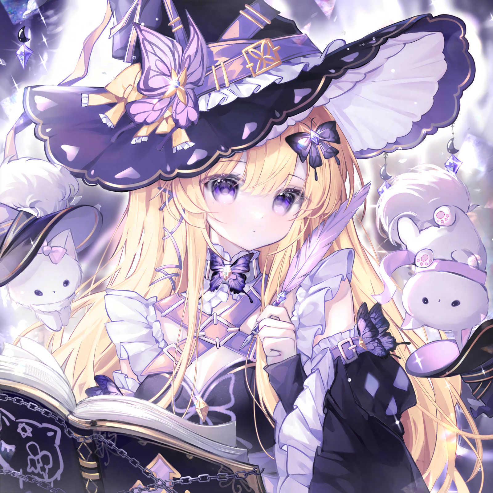 camao, original, highres, large variant set, variant set, 1girl, animal, black dress, black sleeves, blonde hair, blurry, book, bow, breasts, bug, butterfly, chain, cleavage, closed mouth, detached sleeves, dress, frilled sleeves, frills, hair between eyes, hair ornament, hat, holding, insect, long hair, long sleeves, looking at viewer, medium breasts, open book, purple eyes, quill, solo, upper body, wide sleeves, witch hat