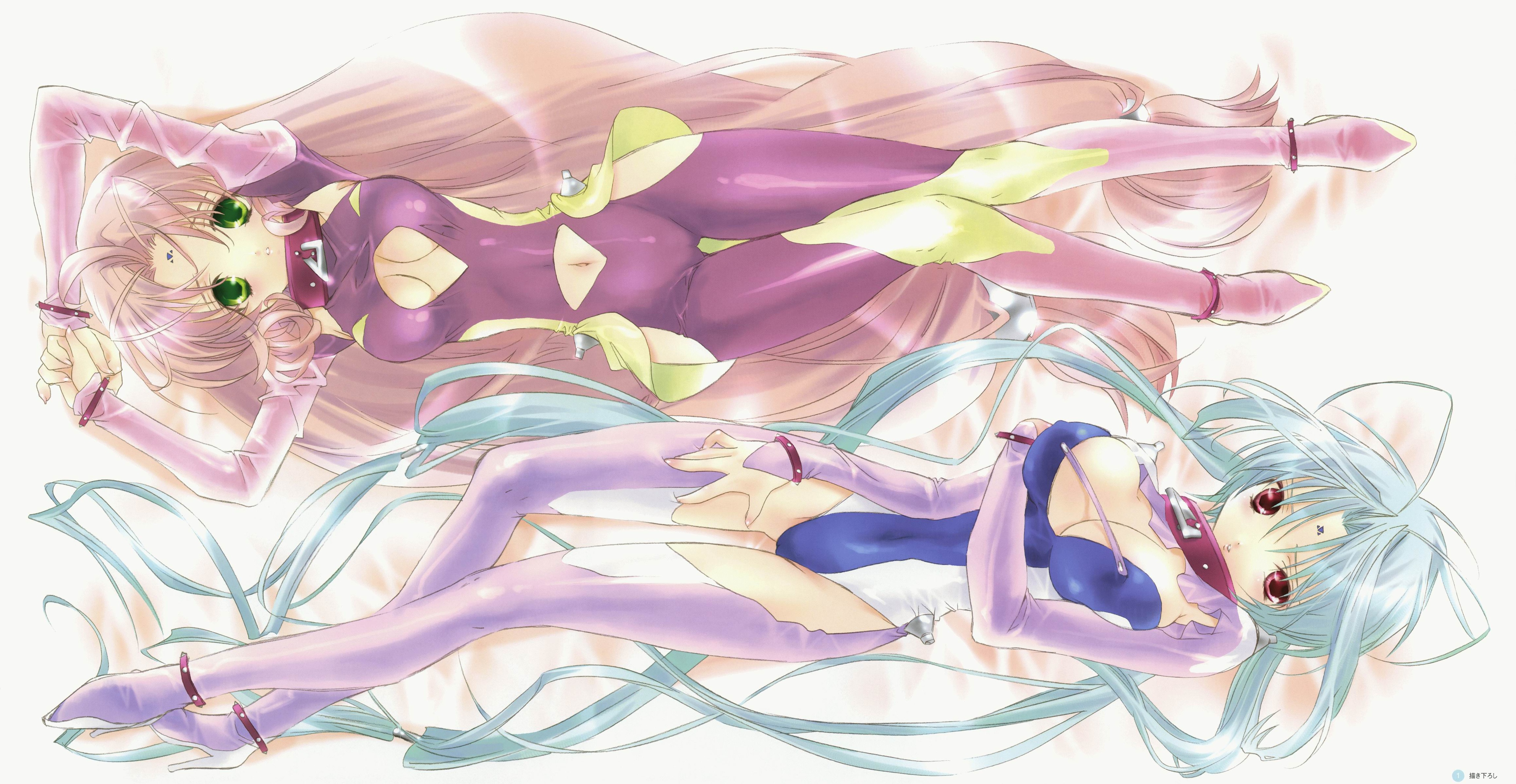 peach-pit, peach pit, miu, miu (dears), ren (dears), dears, absurdres, highres, 00s, 2girls, antenna hair, breasts, cleavage, clothing cutout, green eyes, green hair, high heels, long hair, lying, medium breasts, multiple girls, navel, navel cutout, pink hair, red eyes, thigh gap, very long hair