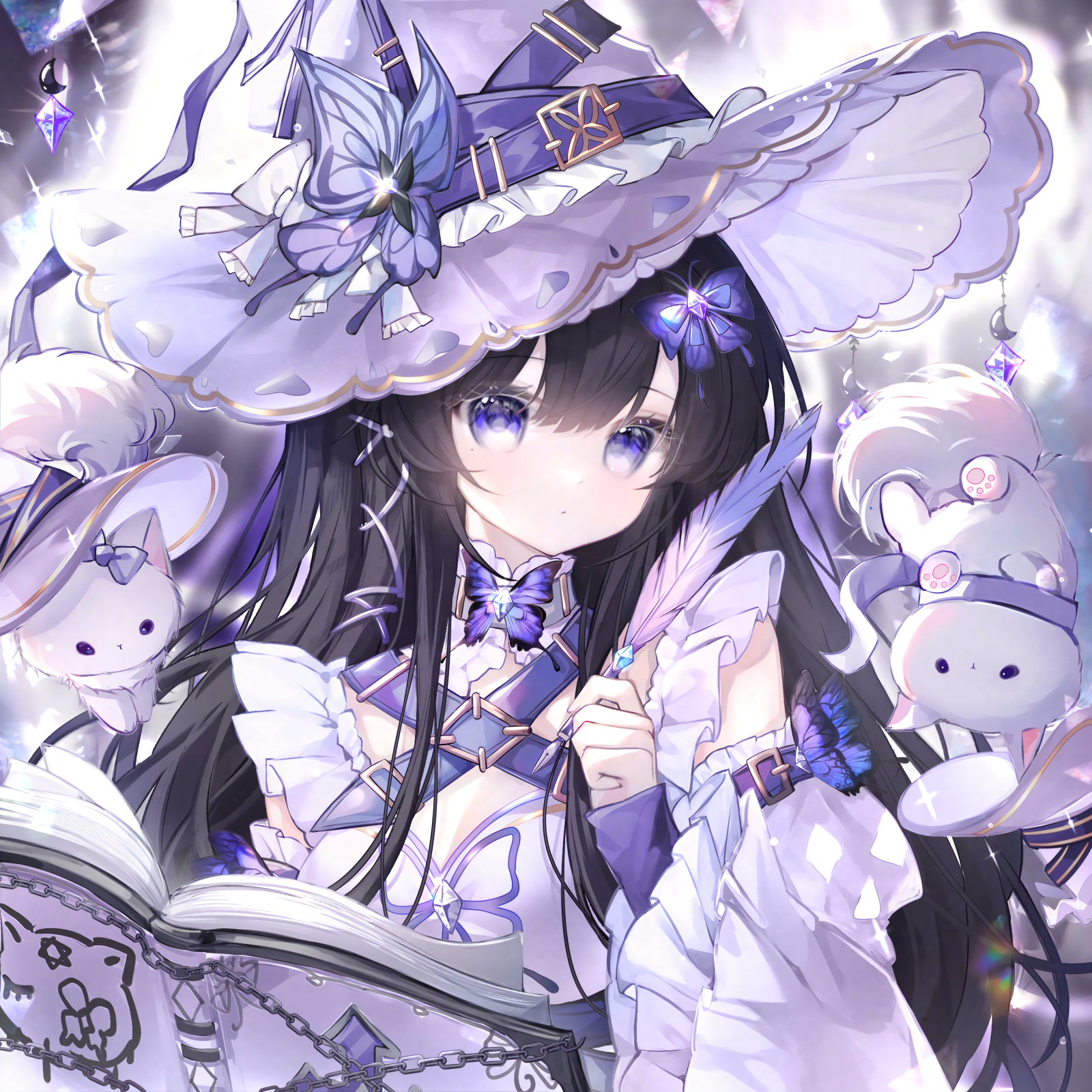 camao, original, highres, large variant set, variant set, 1girl, animal, black hair, blue eyes, book, breasts, bug, butterfly, chain, cleavage, closed mouth, detached sleeves, dress, frilled sleeves, frills, hair between eyes, hair ornament, hat, holding, insect, long hair, long sleeves, looking at viewer, open book, purple eyes, purple nails, quill, solo, upper body, white dress, white sleeves, wide sleeves, witch hat