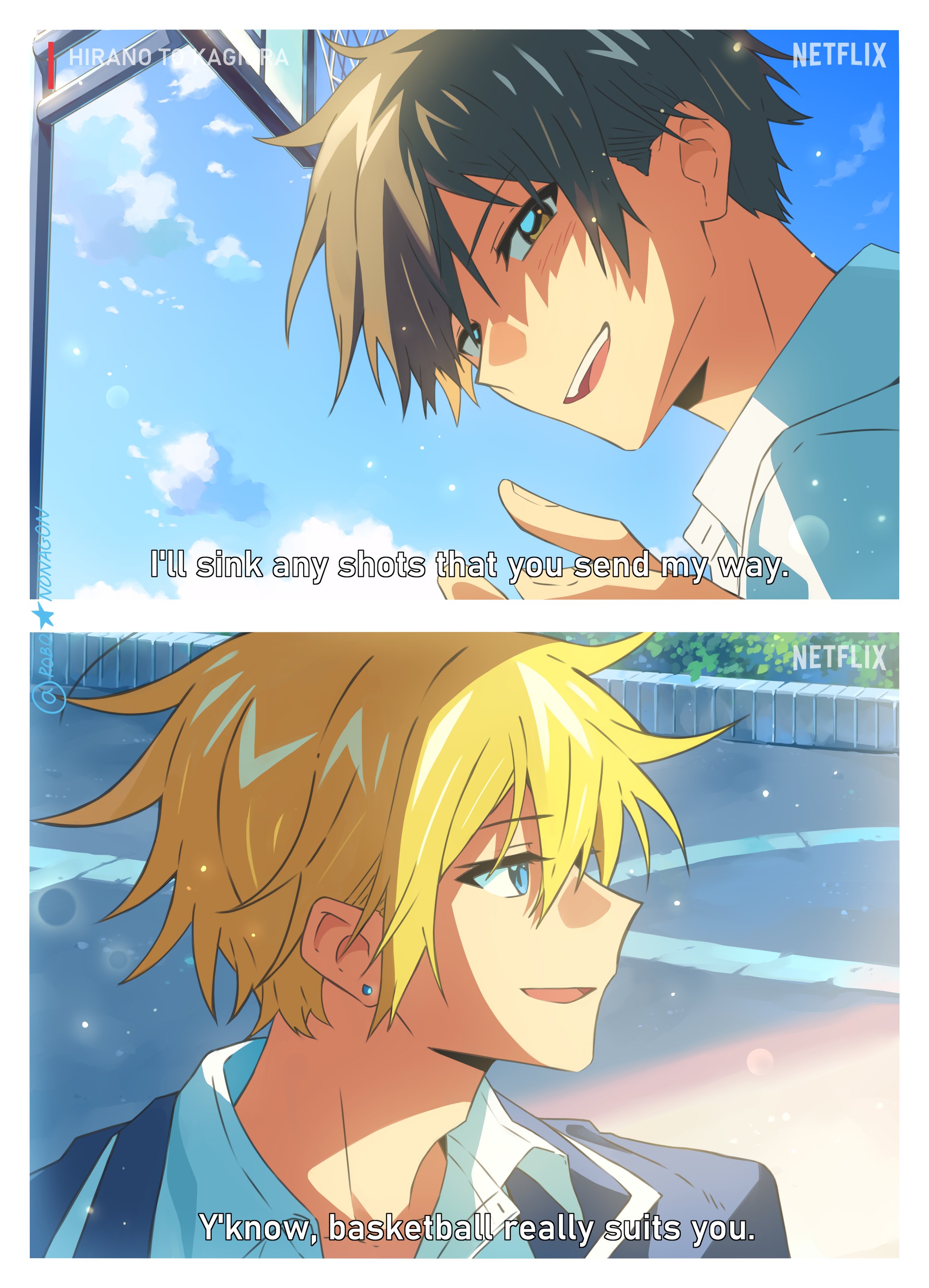 robo nonagon, hirano taiga, kagiura akira, absurdres, highres, 2boys, basketball, black hair, blonde hair, blue eyes, blue sky, earrings, hirano to kagiura, jewelry, looking at another, looking to the side, meme, multiple boys, netflix adaptation (meme), school, school uniform, sky, smile, subtitled