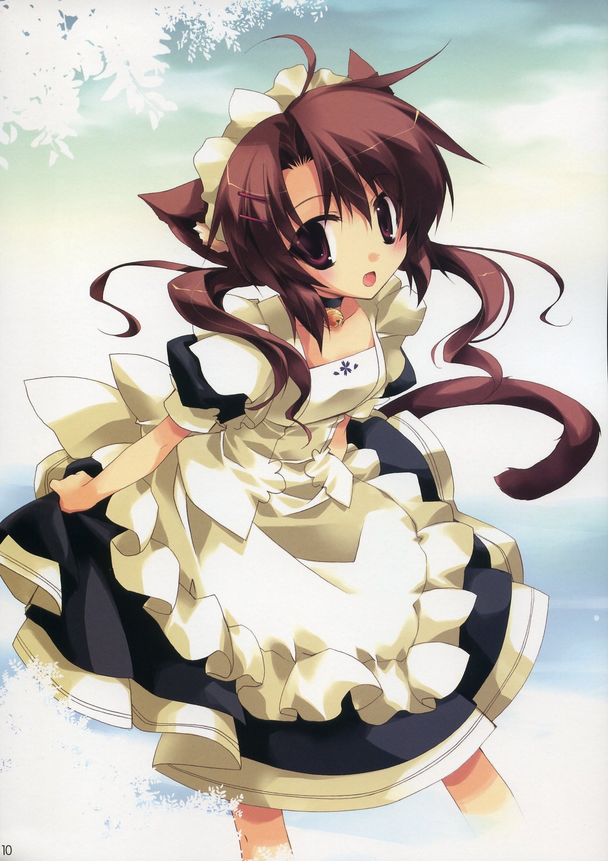 minazuki haruka, highres, scan, animal ears, bell, blush, brown eyes, brown hair, cat ears, cat tail, fang, hair ornament, maid, open mouth, short hair, skirt, solo, tail