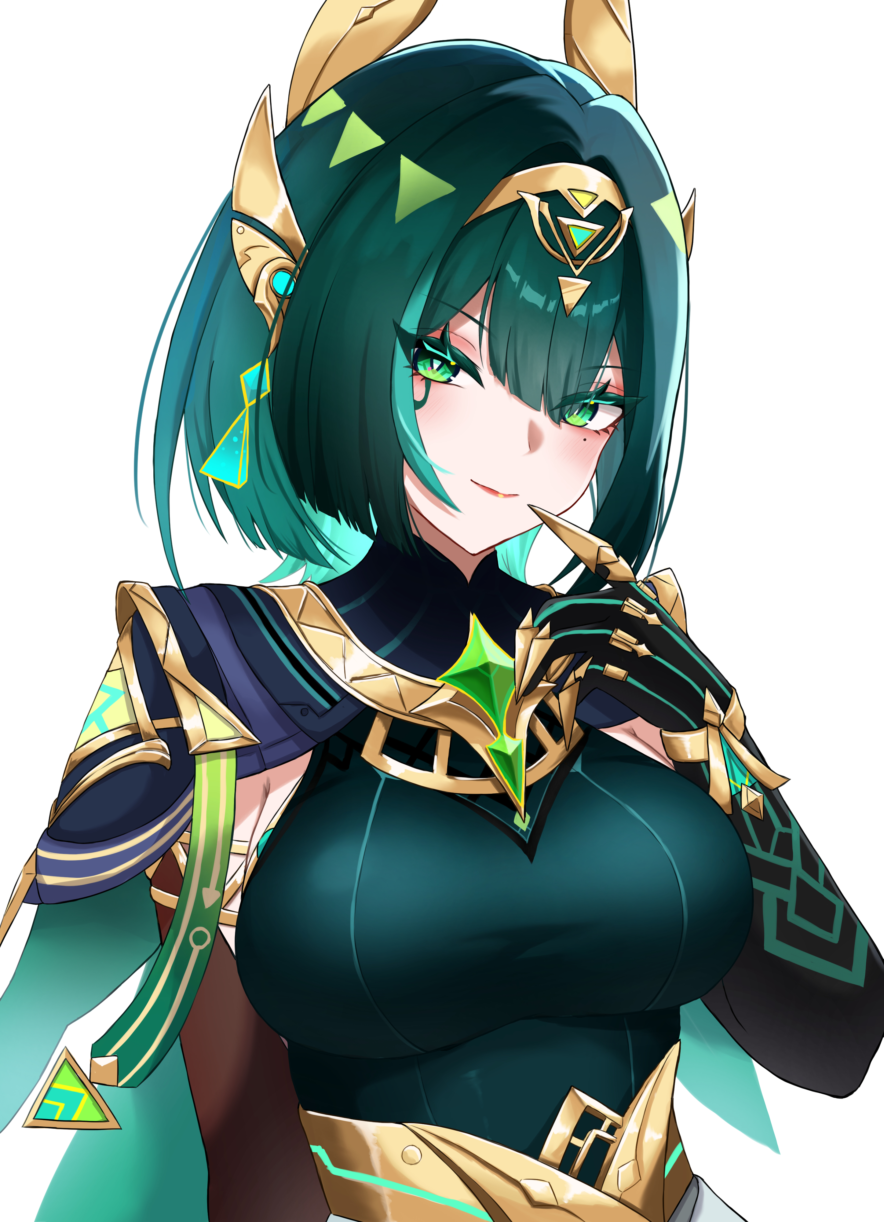 mako (cvyt5325), nefer (genshin impact), genshin impact, absurdres, highres, 1girl, black gloves, breasts, cape, claws, ear covers, elbow gloves, facial mark, gem, gloves, green eyes, green gemstone, green hair, green shirt, headband, headgear, large breasts, looking at viewer, mole, mole under eye, shirt, short hair, simple background, smile, solo, upper body, white background