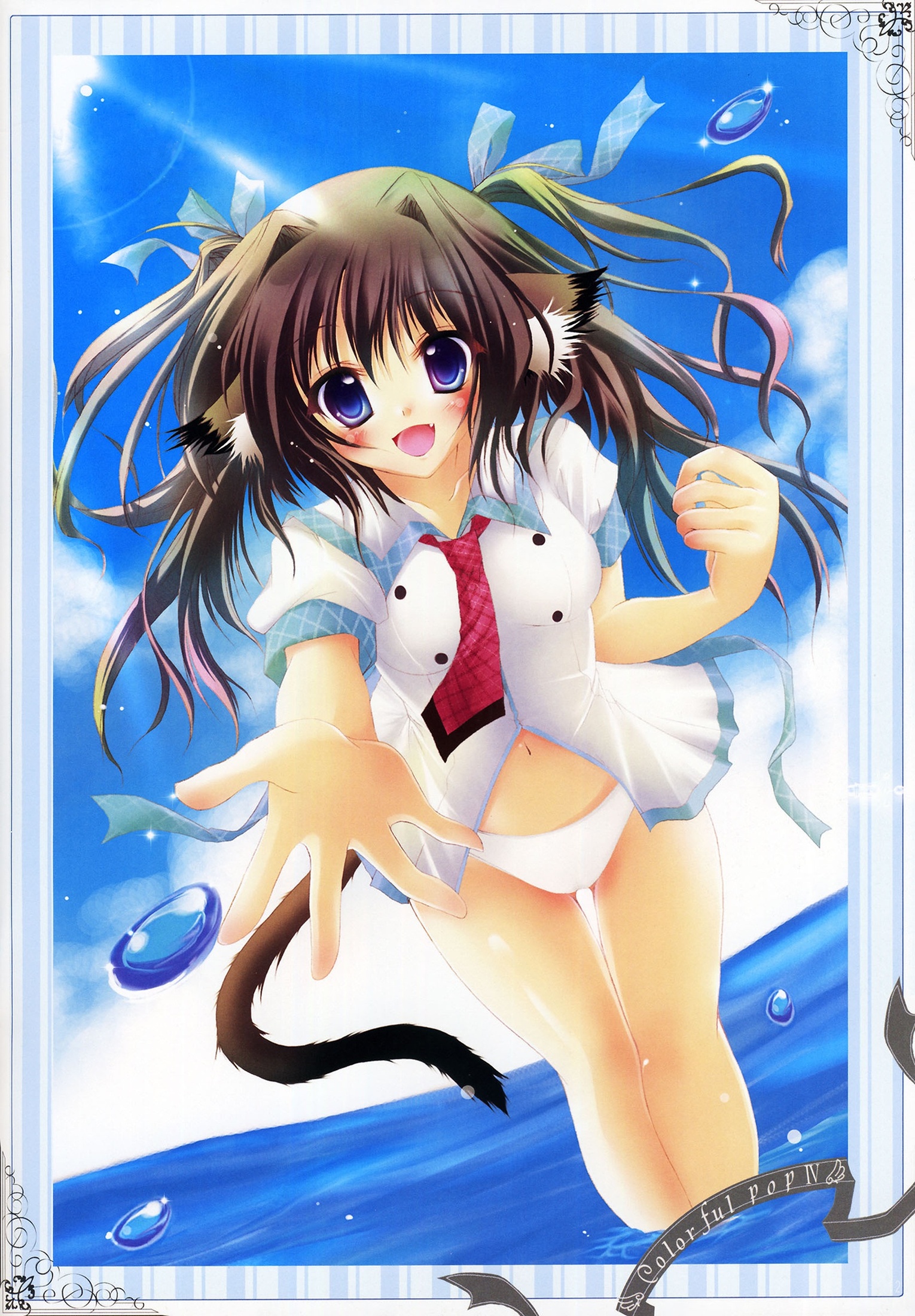 izumi tsubasu, highres, scan, animal ears, blue eyes, blush, brown eyes, cat ears, cat tail, cloud, day, fang, hair ribbon, long hair, midriff, navel, necktie, panties, ribbon, short hair, sky, tail, underwear, water, white panties