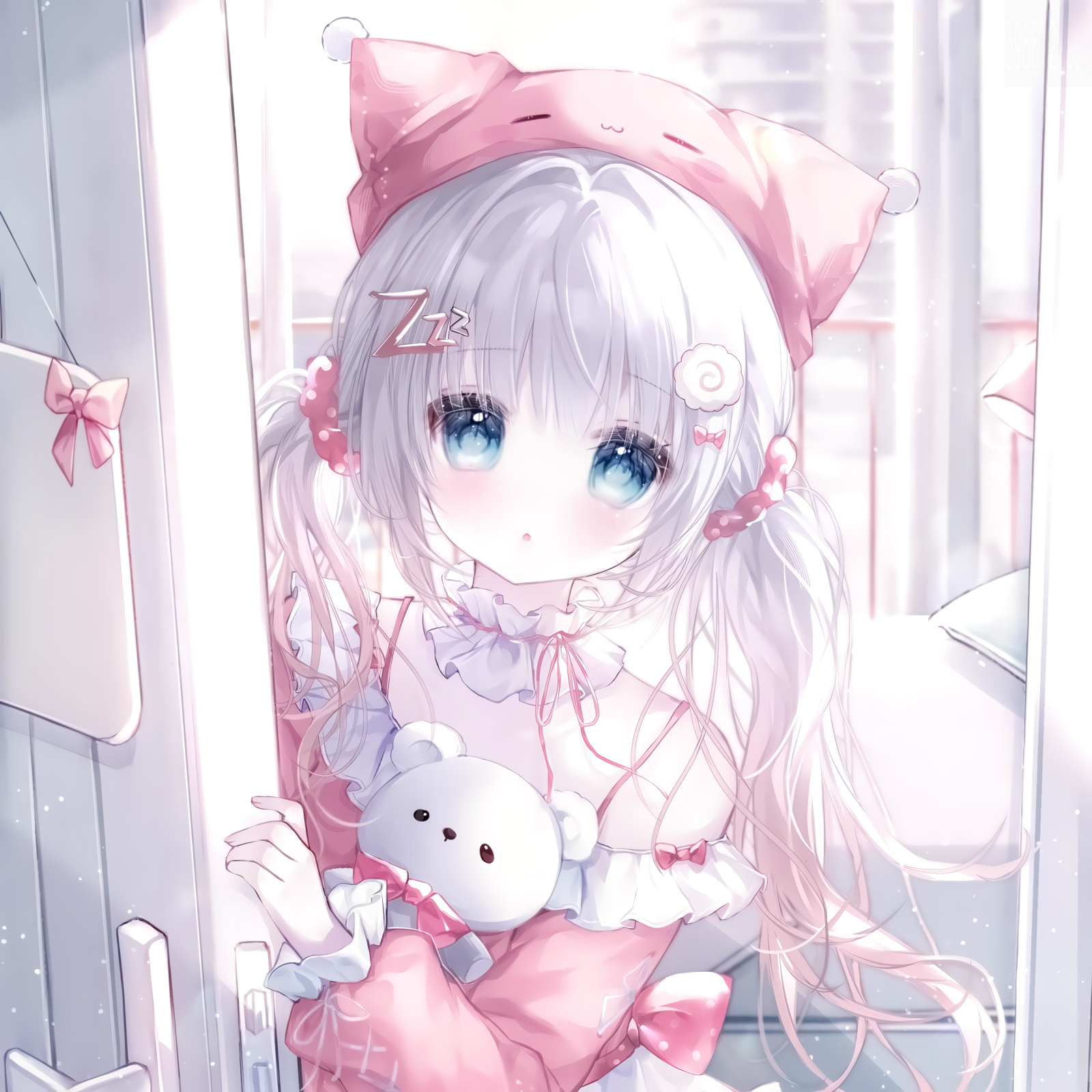 camao, original, highres, large variant set, variant set, 1girl, animal ears, animal hat, bare shoulders, blue eyes, blush, bow, cat hat, frills, hair ornament, hairclip, hat, long hair, long sleeves, looking at viewer, off shoulder, parted lips, pink shirt, shirt, solo, stuffed animal, stuffed toy, teddy bear, twintails, white hair