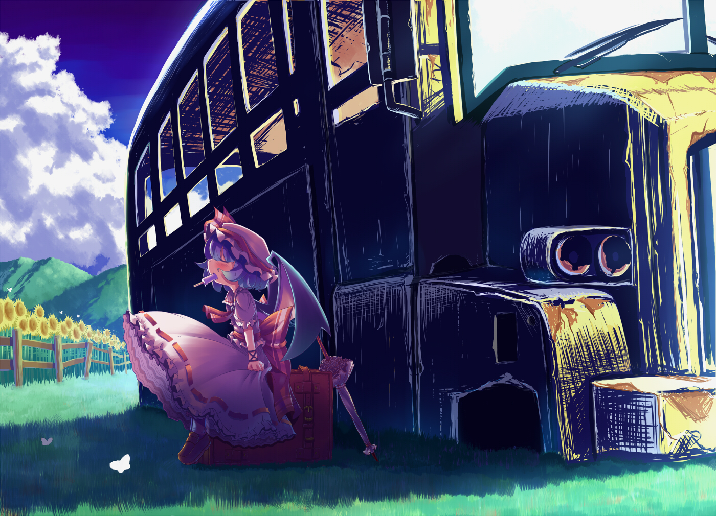 takahero, remilia scarlet, touhou, vehicle, 1girl, bat wings, blue hair, bug, bus, butterfly, female focus, flower, food, hat, insect, motor vehicle, nature, outdoors, parasol, plant, popsicle, ribbon, short hair, sitting, sky, solo, sunflower, umbrella, wings