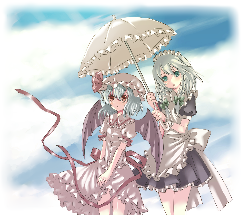 neme, izayoi sakuya, remilia scarlet, touhou, silver hair, bad id, bad pixiv id, 2girls, blue hair, braid, female focus, gradient background, hat, holding, holding umbrella, maid, multiple girls, outdoors, parasol, ribbon, short hair, skirt, sky, twin braids, twintails, umbrella, wings