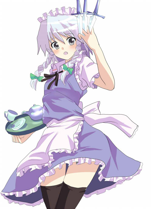 hyakuen raitaa, izayoi sakuya, touhou, silver hair, bad id, bad pixiv id, 1girl, between fingers, braid, female focus, holding, knife, maid, ribbon, short hair, socks, solo, thighhighs, throwing knife, tray, twin braids, twintails, weapon