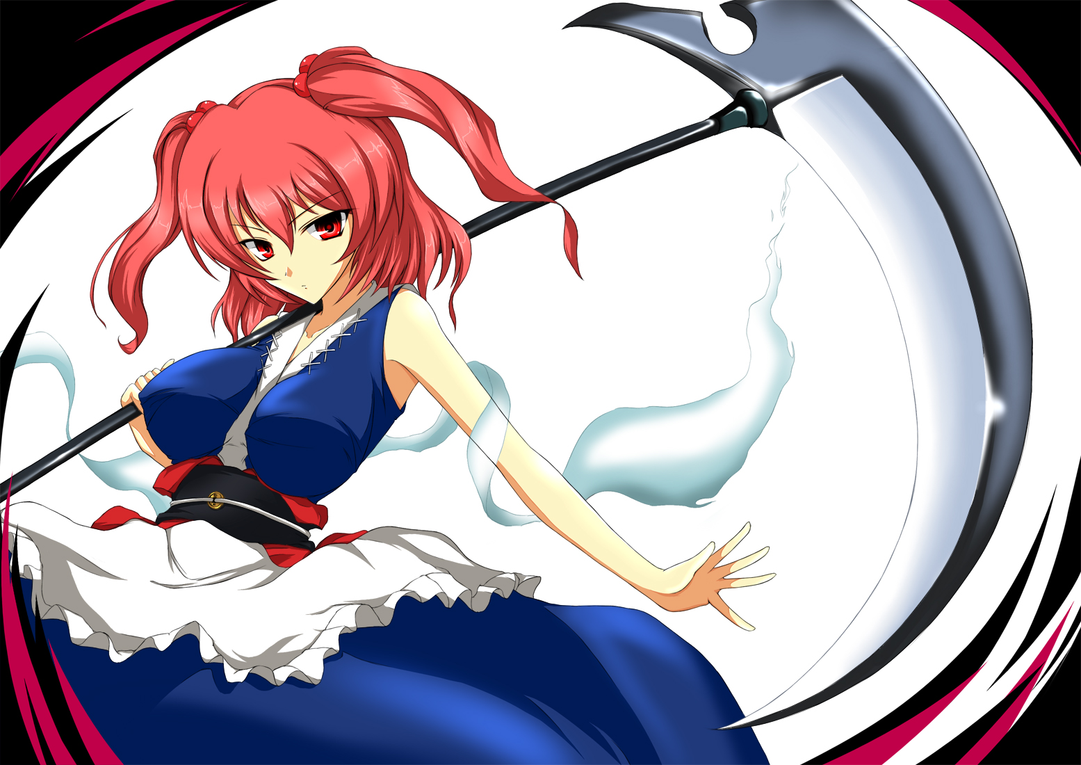 iwamoto eiri, onozuka komachi, touhou, bad id, bad pixiv id, 1girl, alternate weapon, breasts, female focus, hair bobbles, hair ornament, large breasts, red eyes, red hair, scythe, short hair, solo, weapon