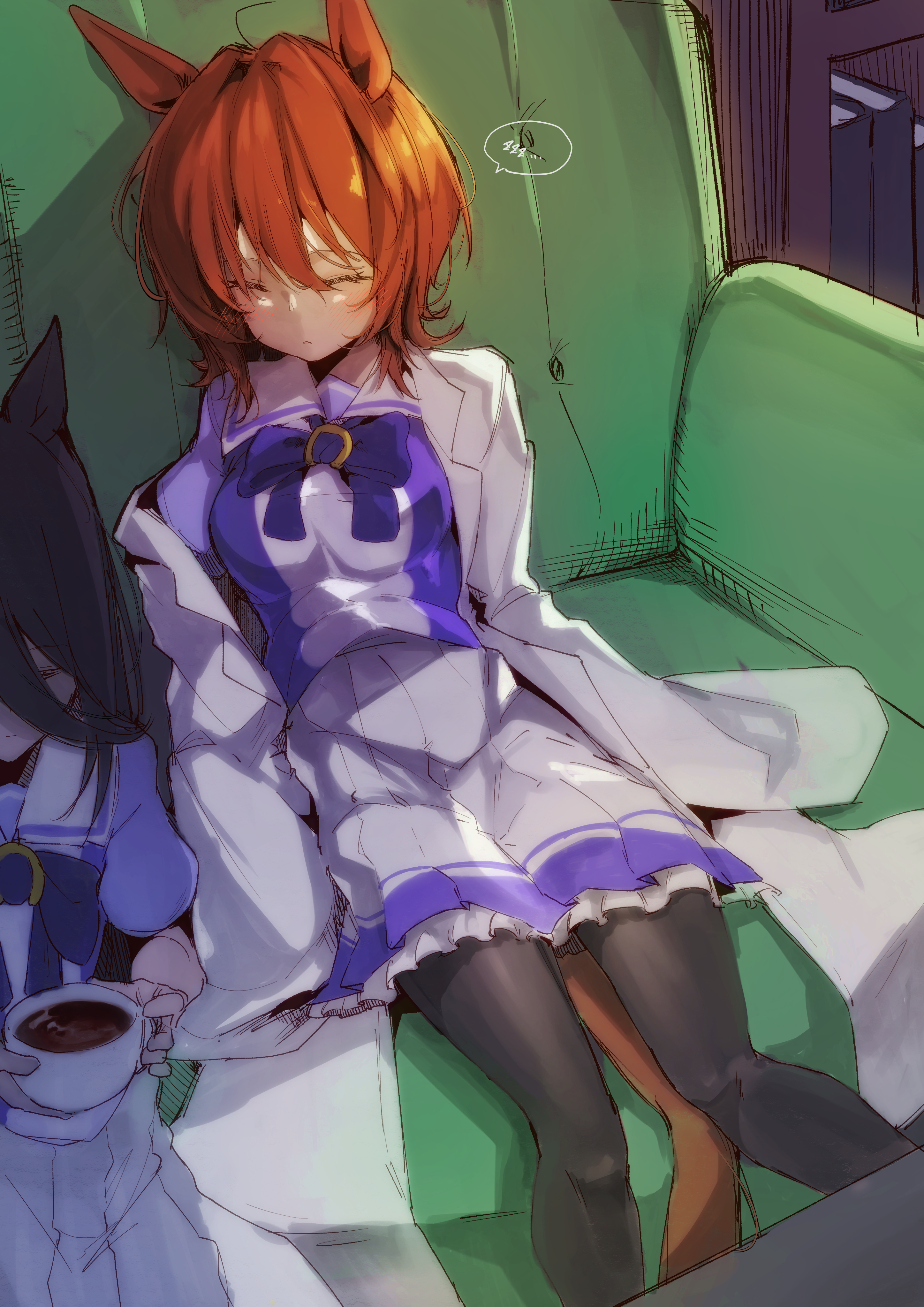 gorioshi0802, agnes tachyon (umamusume), manhattan cafe (umamusume), umamusume, absurdres, highres, 2girls, animal ears, black hair, black pantyhose, black skirt, bow, closed eyes, closed mouth, coffee, cup, hair between eyes, holding, holding cup, horse ears, horse girl, horse tail, jacket, lab coat, long bangs, long hair, medium hair, multiple girls, orange hair, pantyhose, purple bow, purple shirt, sailor collar, school uniform, shirt, short sleeves, skirt, sleeping, tail, tracen school uniform, white jacket, white sailor collar, white shirt