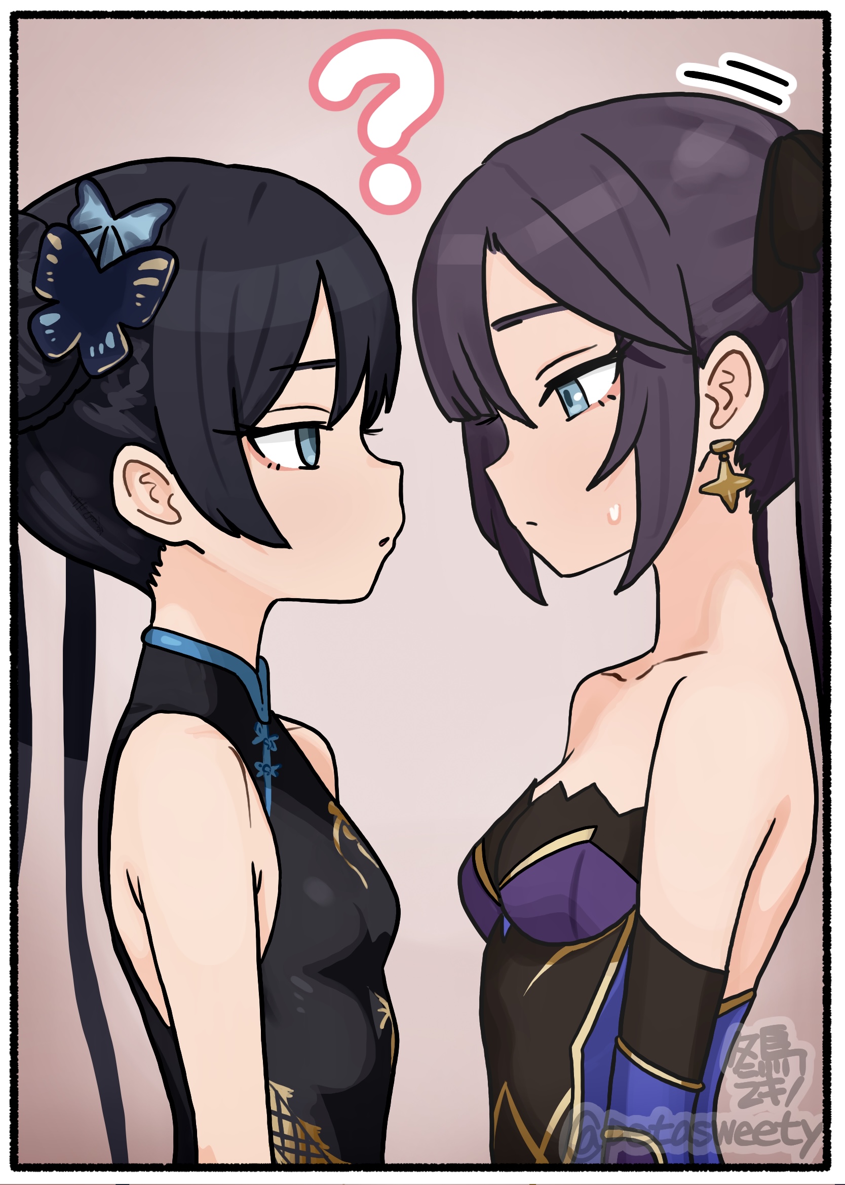 pino sweet, kisaki (blue archive), mona (genshin impact), blue archive, genshin impact, commentary, highres, 2girls, ?, black dress, black hair, blue leotard, border, breasts, butterfly hair ornament, china dress, chinese clothes, collarbone, crossover, dress, earrings, eye contact, hair ornament, jewelry, leotard, long hair, looking at another, multiple girls, profile, simple background, sleeveless, sleeveless dress, small breasts, strapless, strapless leotard, sweatdrop, trait connection, twintails, twitter username, upper body, white border