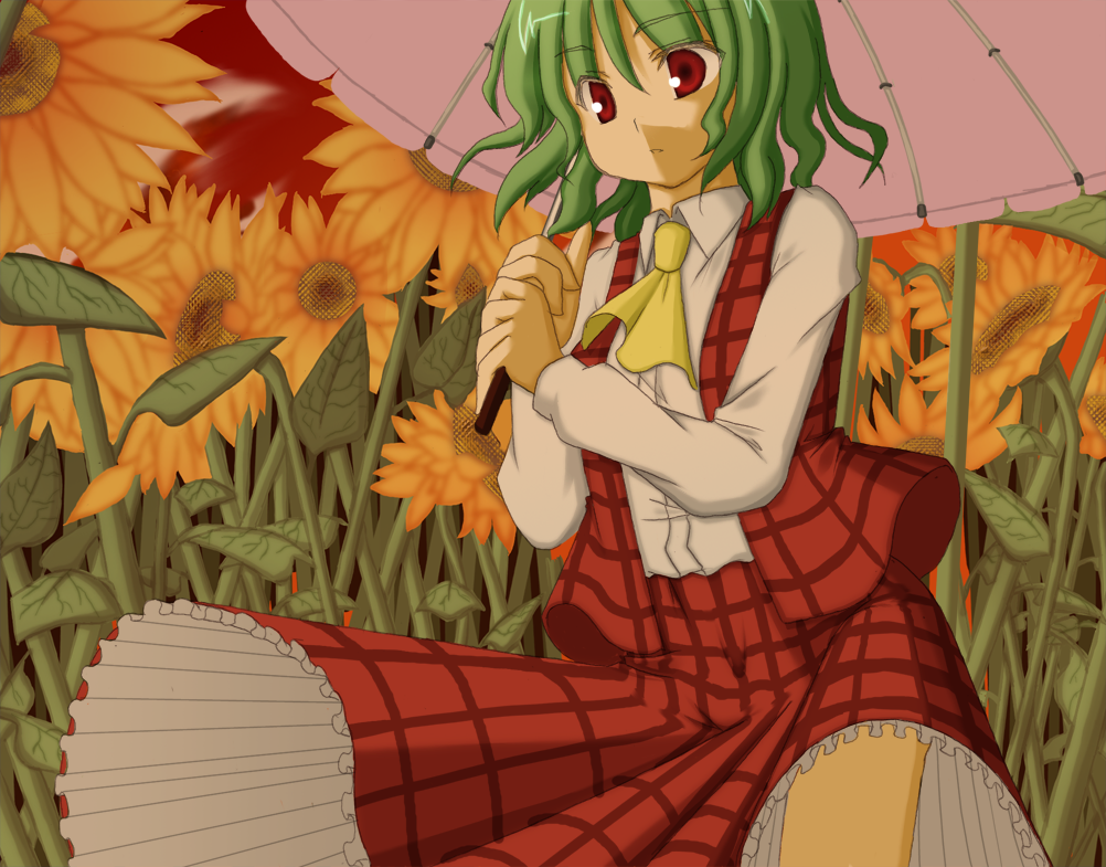 hasumi takashi, kazami yuuka, touhou, bad id, bad pixiv id, 1girl, ascot, female focus, field, flower, flower field, green hair, nature, plaid clothes, plaid skirt, plaid vest, red eyes, ribbon, short hair, skirt, skirt set, solo, sunflower, sunflower field, umbrella, vest