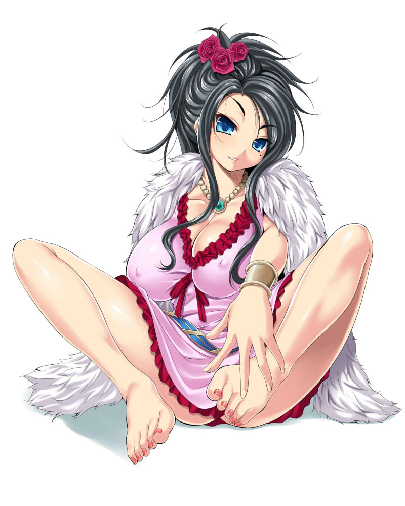 cle masahiro, deborah (dq5), dragon quest, dragon quest v, bad id, bad pixiv id, 1girl, bad anatomy, bad feet, barefoot, black hair, blue eyes, breasts, cleavage, covered erect nipples, feet, female focus, flower, hair flower, hair ornament, huge breasts, jewelry, long hair, mole, mole under eye, nail polish, necklace, pink nails, poorly drawn, rose, sitting, solo, spread legs, toenail polish, toenails, toes