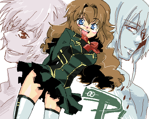 chall acustica, marlene vlady, ruido resonance, gundam, gundam 00, gundam 00p, lowres, 00s, blue eyes, brown hair, curly hair, long hair, oekaki, skirt, thighhighs