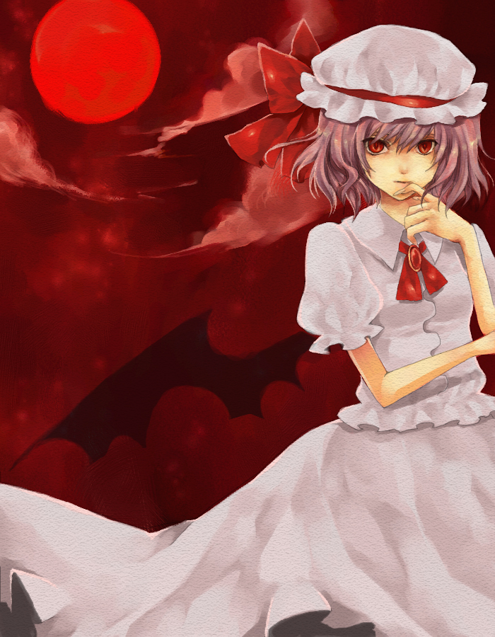 fori, remilia scarlet, touhou, 1girl, bat wings, cloud, female focus, hat, outdoors, red eyes, short hair, skirt, sky, solo, wings