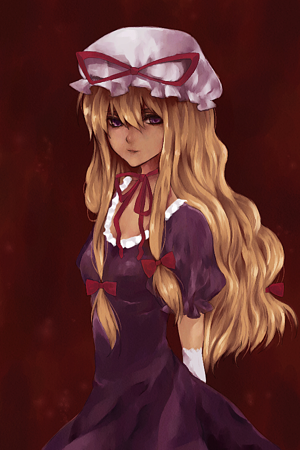 fori, yakumo yukari, touhou, 1girl, blonde hair, dress, female focus, gradient background, hair ribbon, hat, long hair, purple eyes, ribbon, solo