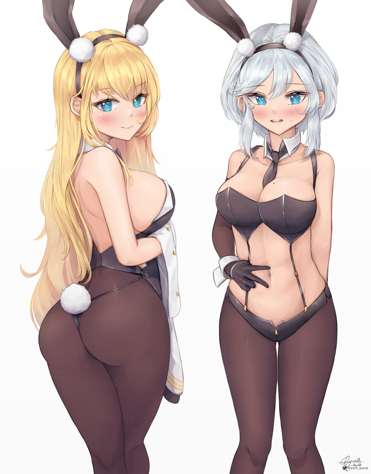 d.birb, north carolina (azur lane), washington (azur lane), azur lane, commentary, highres, 2girls, abs, animal ears, aqua eyes, arm behind back, ass, bare shoulders, between breasts, black gloves, black necktie, blonde hair, blush, breasts, closed mouth, detached collar, dot nose, double-parted bangs, elbow gloves, fake animal ears, fake tail, forehead, from behind, gloves, grey hair, hair between eyes, hair ornament, highleg, highleg panties, holding, holding shirt, holding unworn clothes, large breasts, legs apart, legs together, long bangs, long legs, looking at viewer, looking back, medium breasts, microskirt, multiple girls, navel, necktie, necktie between breasts, nontraditional playboy bunny, open mouth, panties, playboy bunny, pom pom (clothes), pom pom hair ornament, rabbit tail, shirt, sideboob, signature, simple background, single elbow glove, skirt, smile, string panties, sweat, tail, teeth, thong, twitter username, underwear, unworn shirt, upper teeth only, v-shaped eyebrows, white background, white shirt, wrist cuffs